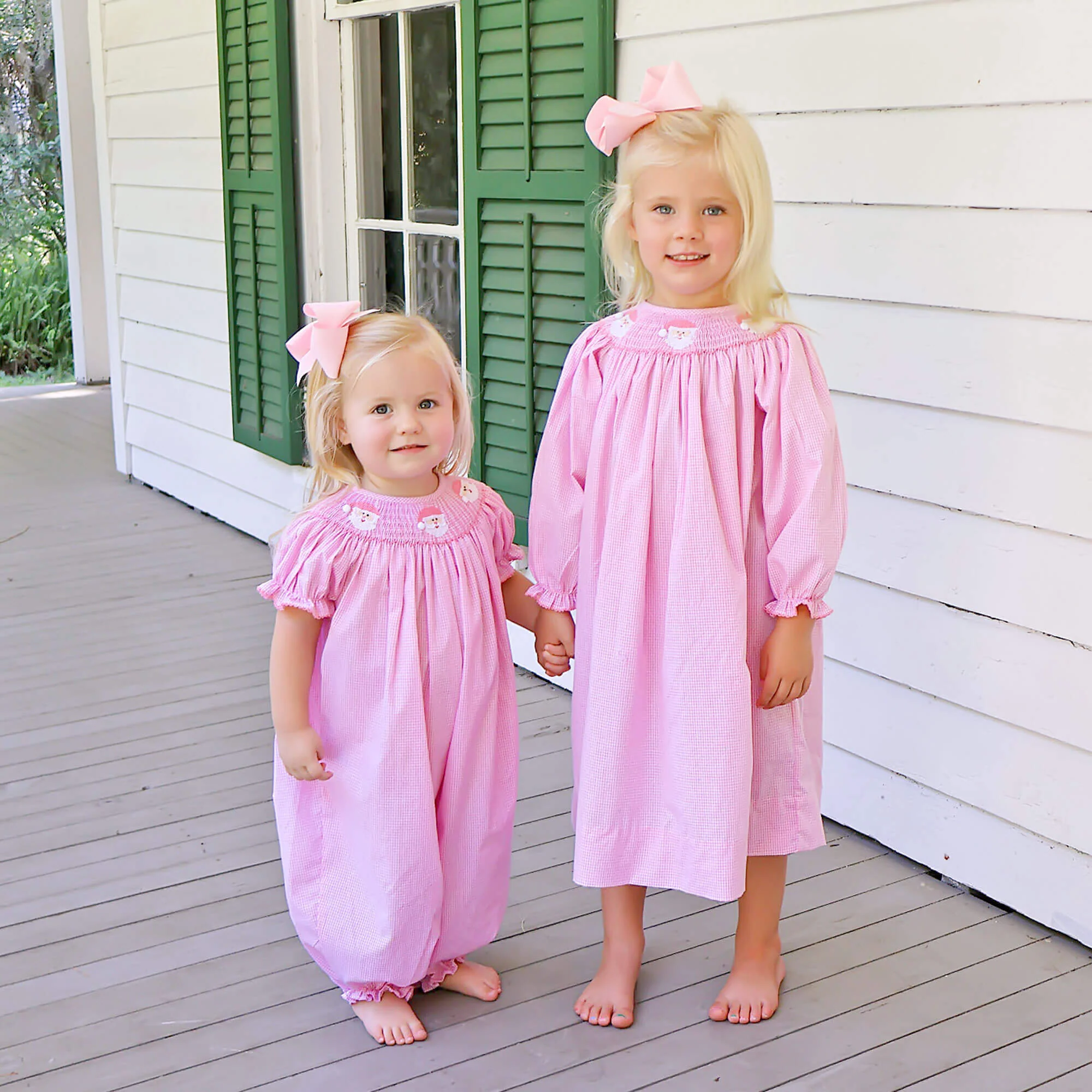 Happy Santa Smocked Pink Gingham Long Sleeve Bishop Dress - Image 5