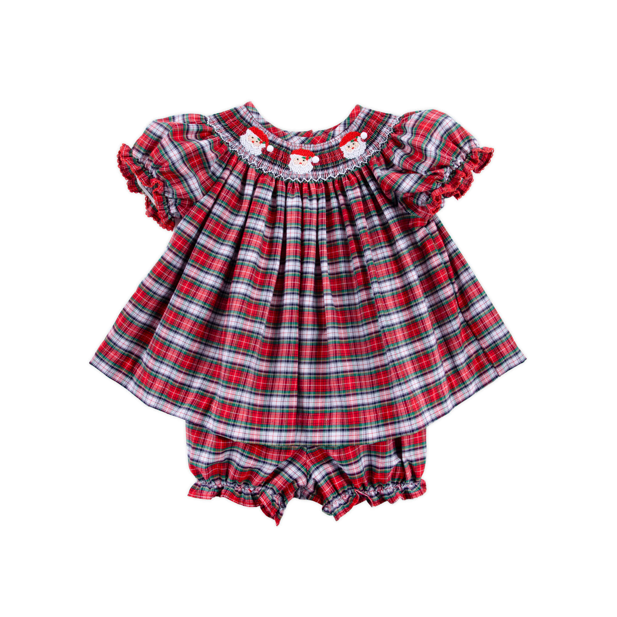 Happy Santa Smocked Seattle Red Plaid Bloomer Set - Image 2