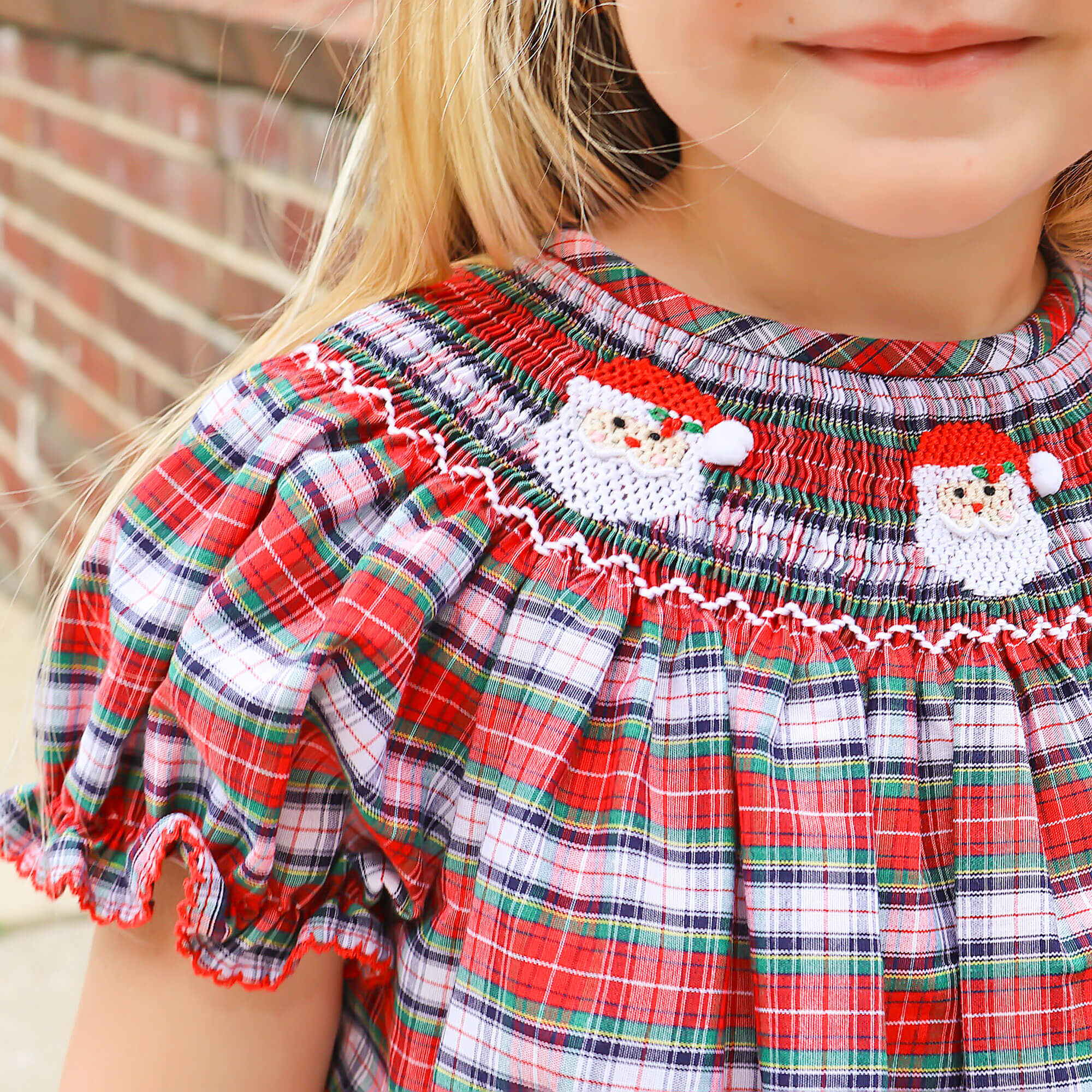 Happy Santa Smocked Seattle Red Plaid Bloomer Set - Image 3