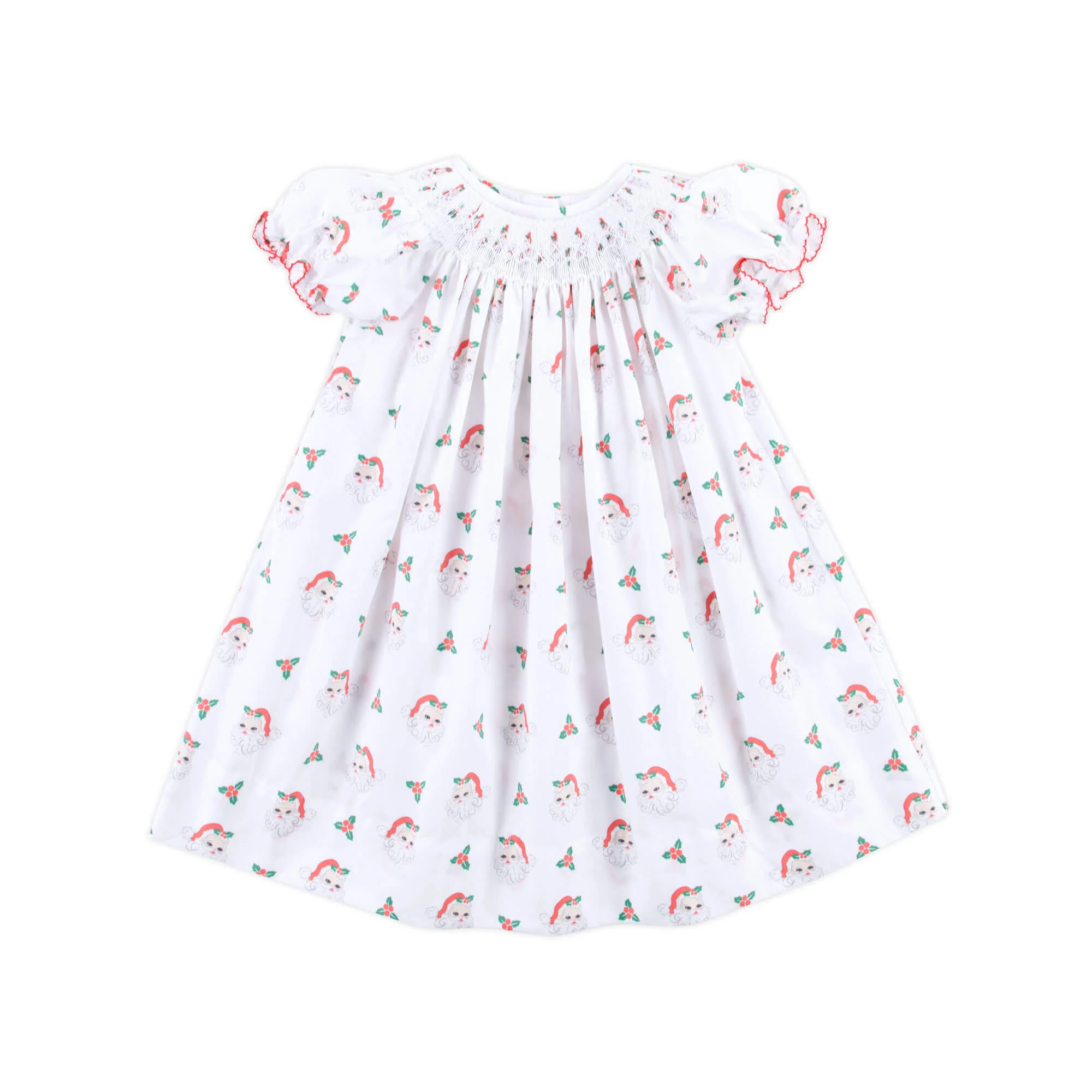 Vintage Santa White Print Smocked Bishop Dress - Image 2