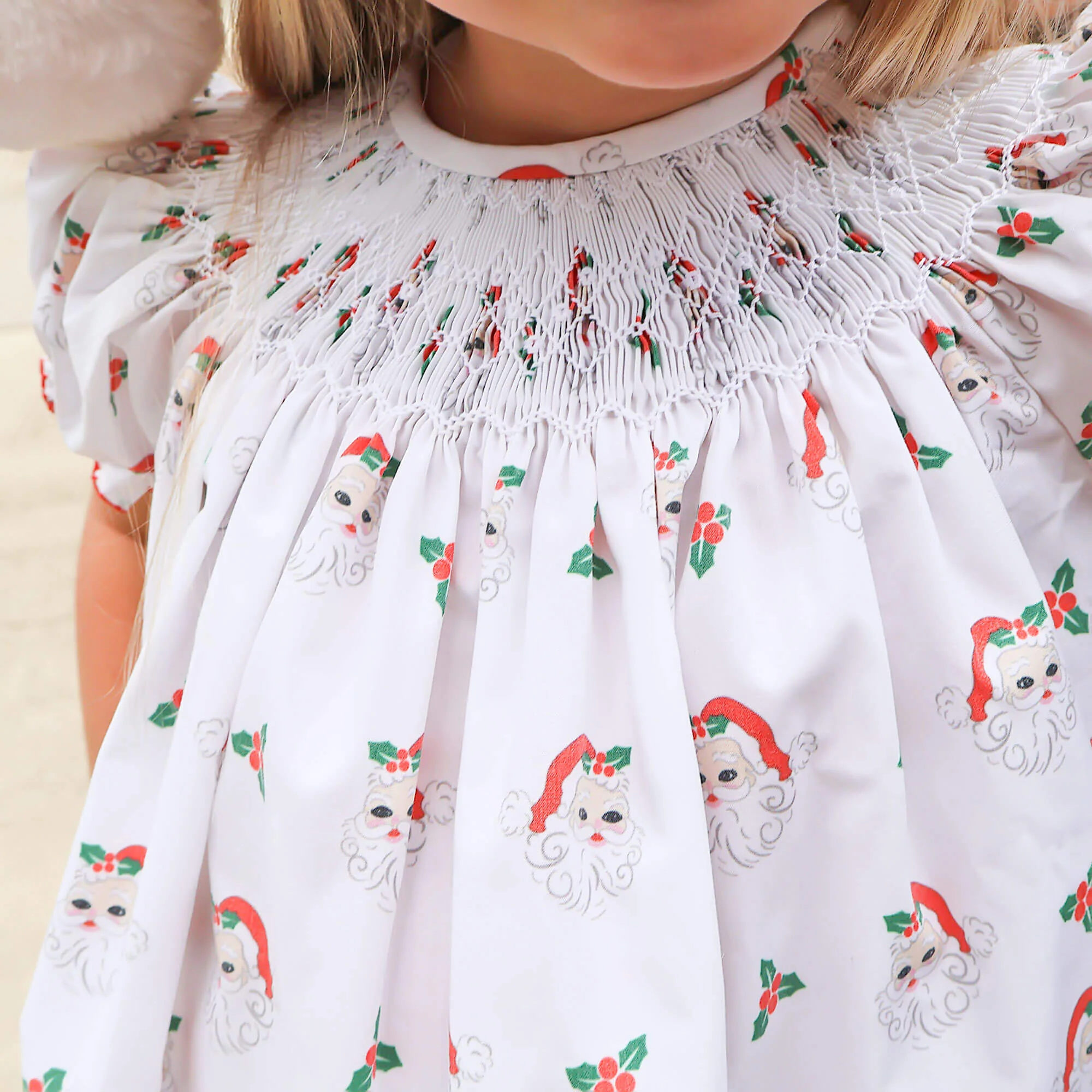 Vintage Santa White Print Smocked Bishop Dress - Image 3