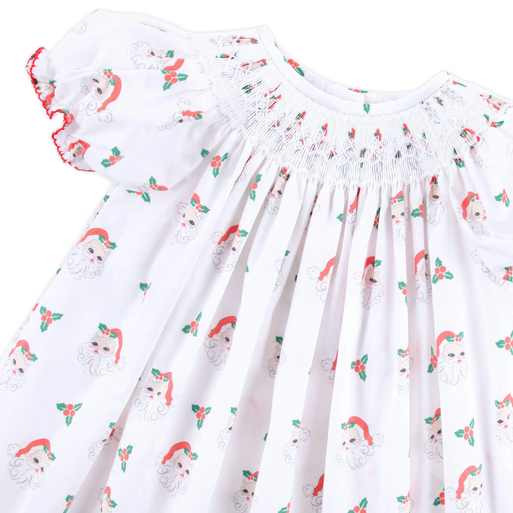 Vintage Santa White Print Smocked Bishop Dress - Image 4