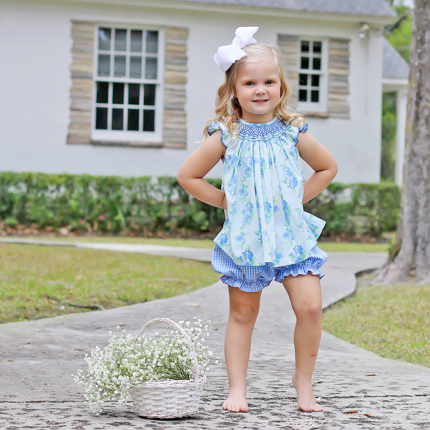 Happy Spring Blue Floral Smocked Bloomer Set - Image 5