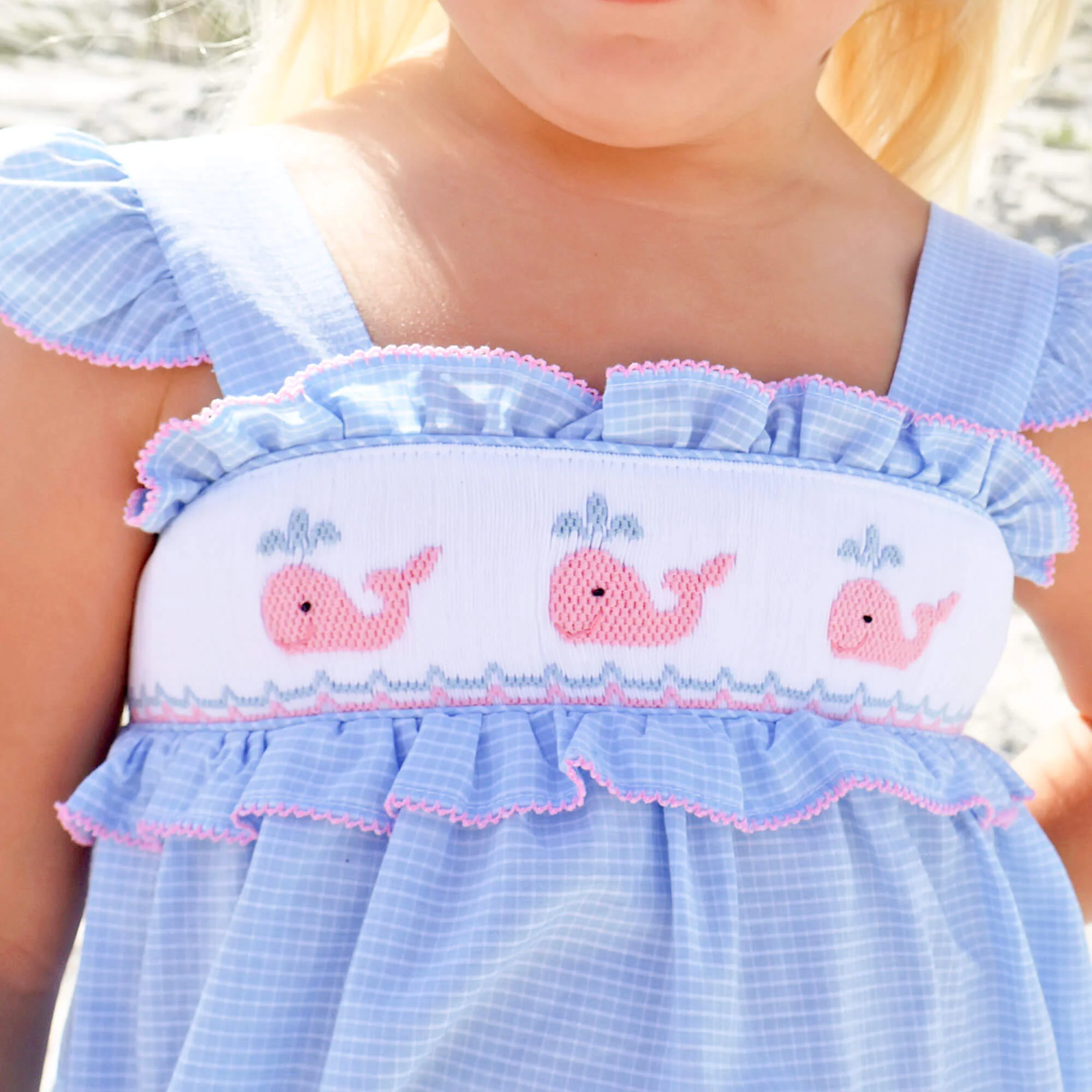 Happy Whale Blue Windowpane Smocked Amy Bubble - Image 3
