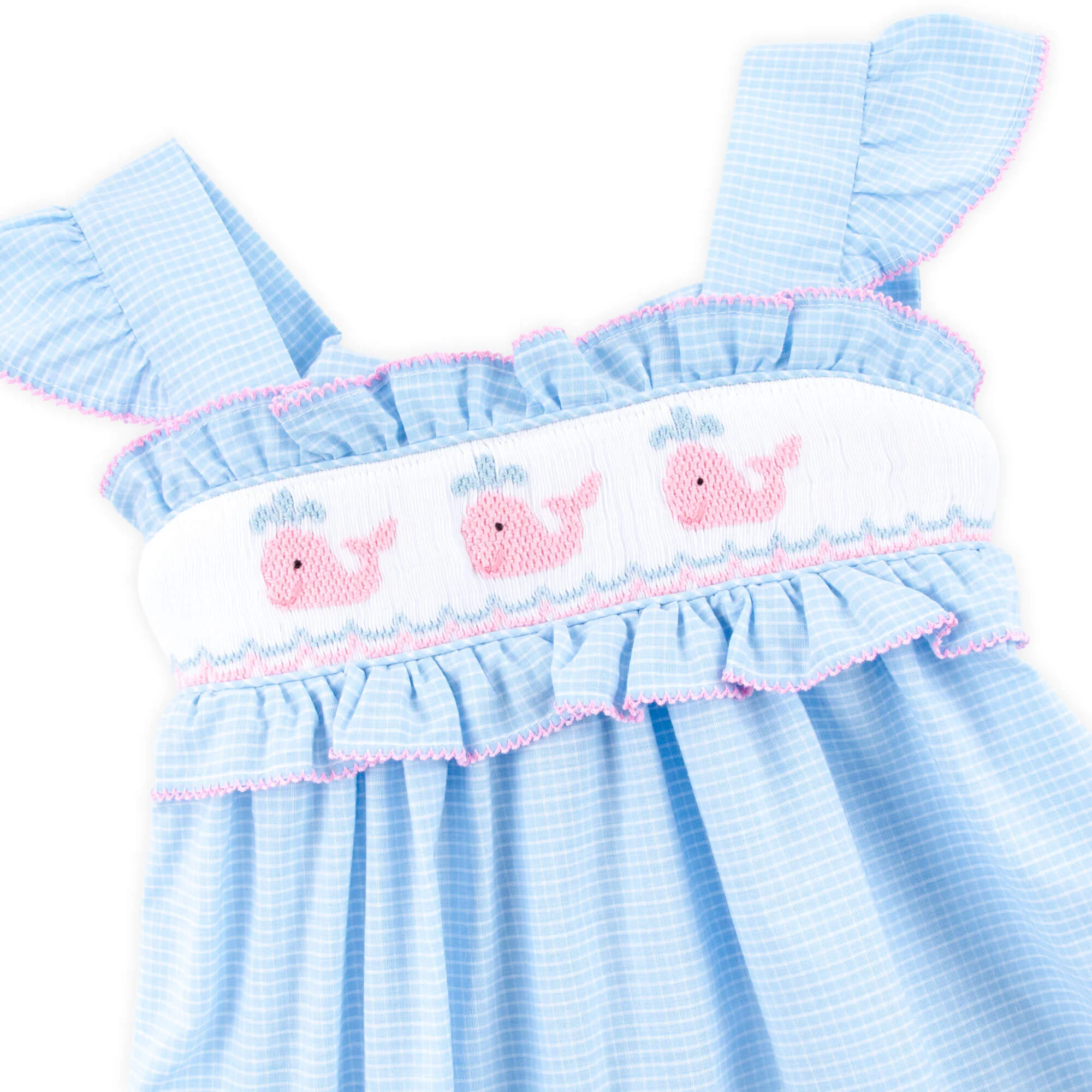 Happy Whale Blue Windowpane Smocked Amy Dress - Image 6