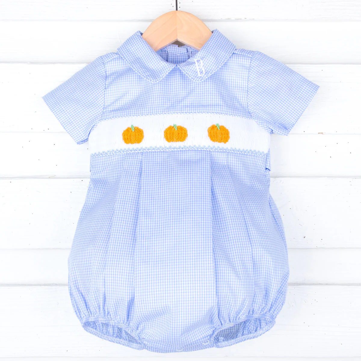 Harvest Pumpkin Smocked Light Blue Gingham Collared Bubble - Image 2
