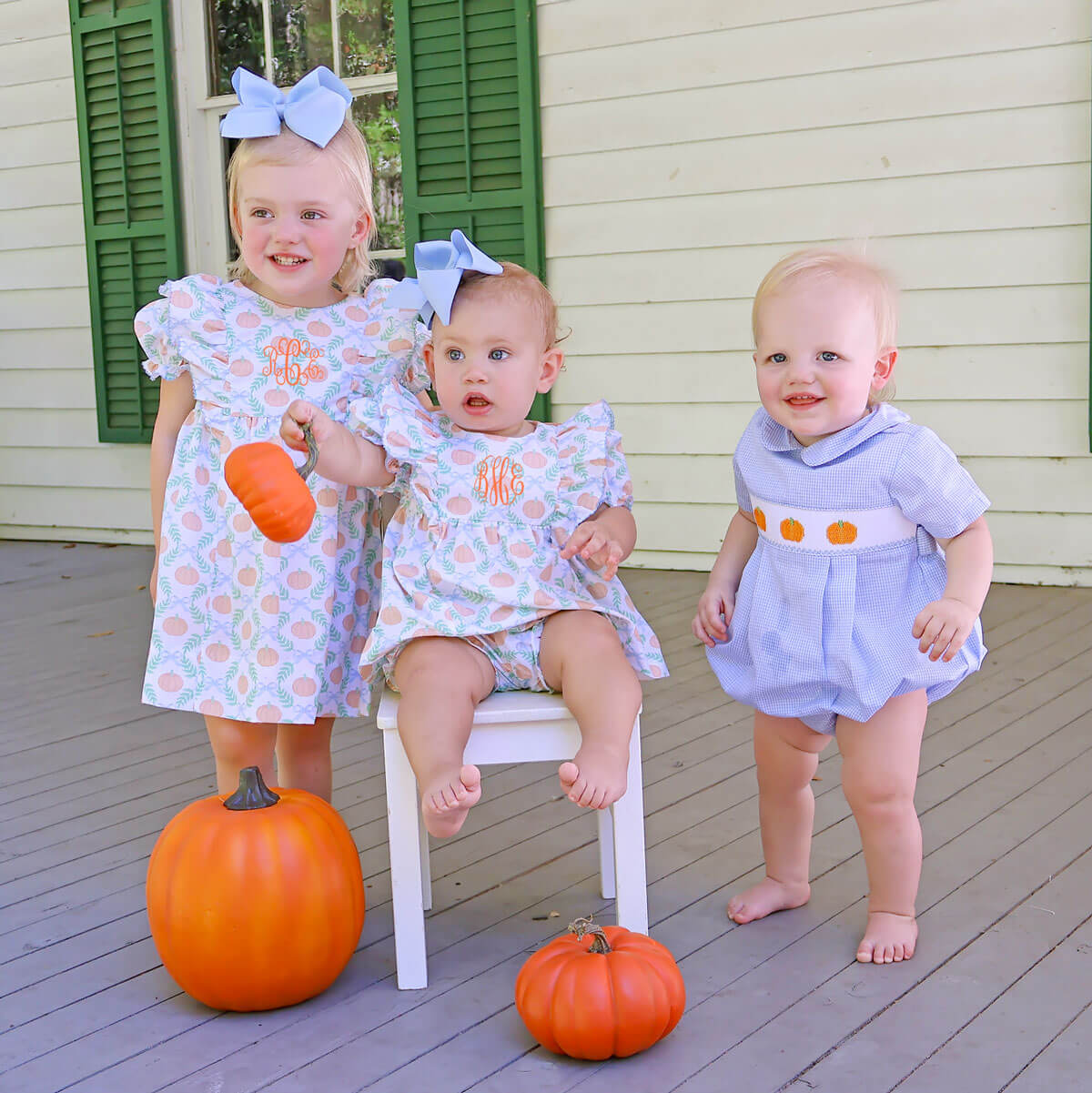 Harvest Pumpkin Smocked Light Blue Gingham Collared Bubble - Image 3