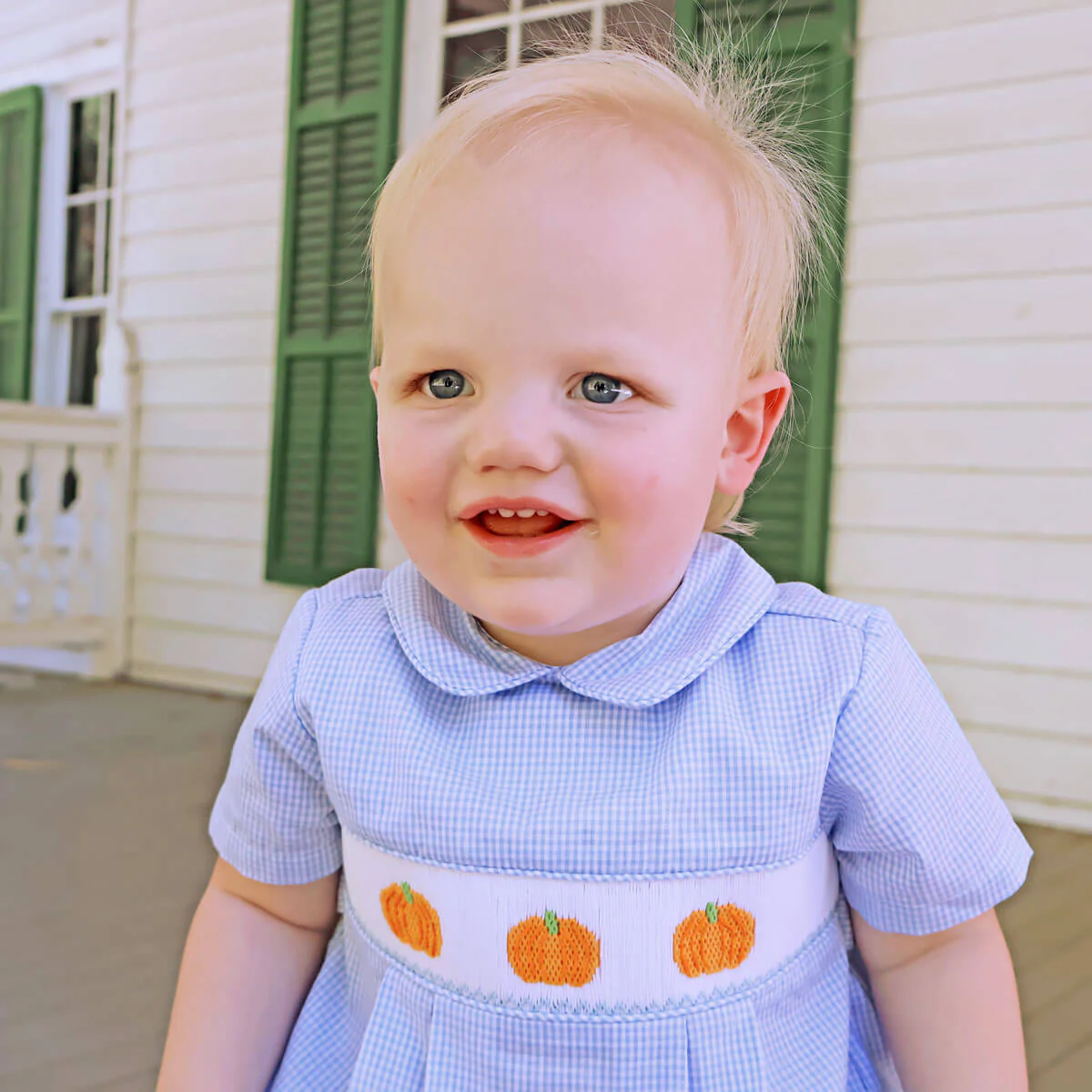 Harvest Pumpkin Smocked Light Blue Gingham Collared Bubble - Image 5