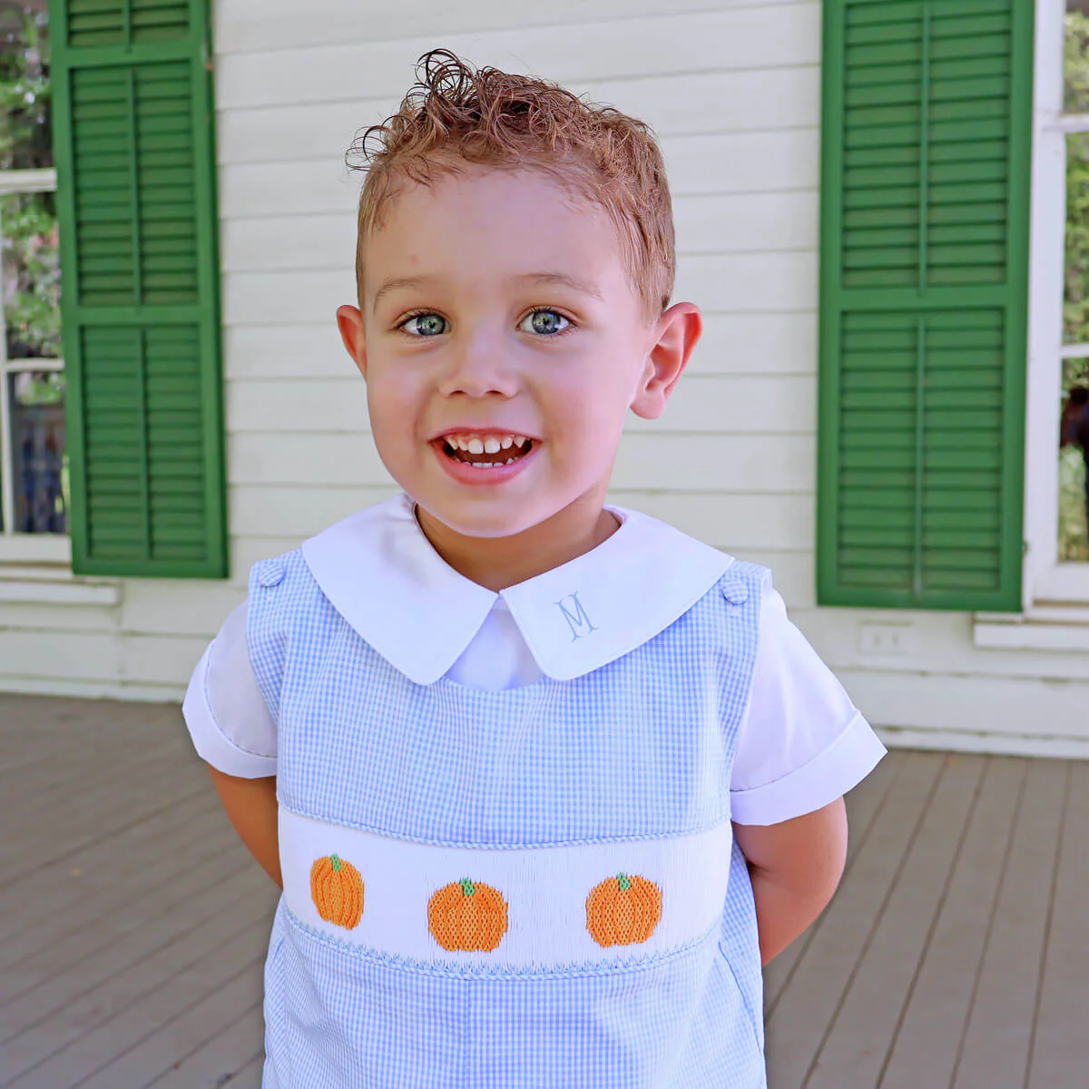 Harvest Pumpkin Smocked Light Blue Jon Jon - Image 3