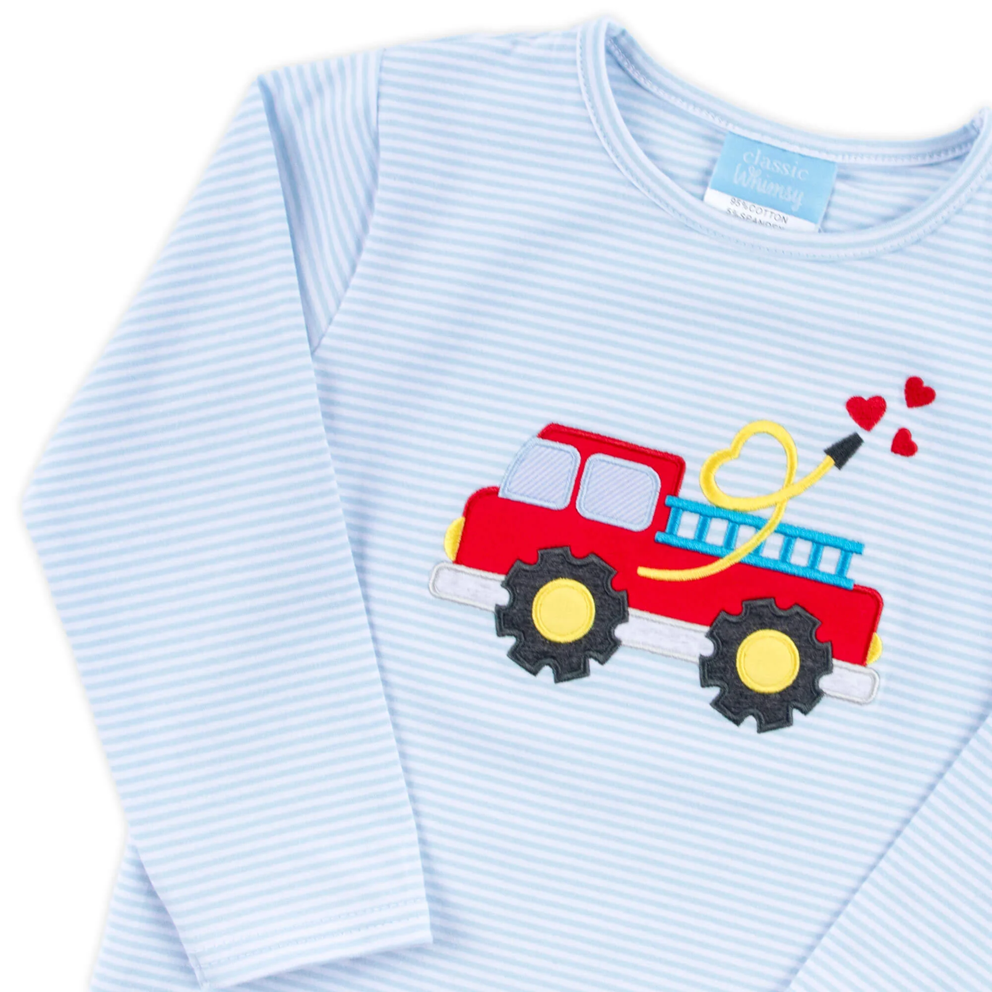 Heart Firetruck Light Blue Stripe Long Sleeve Shirt - Image 2