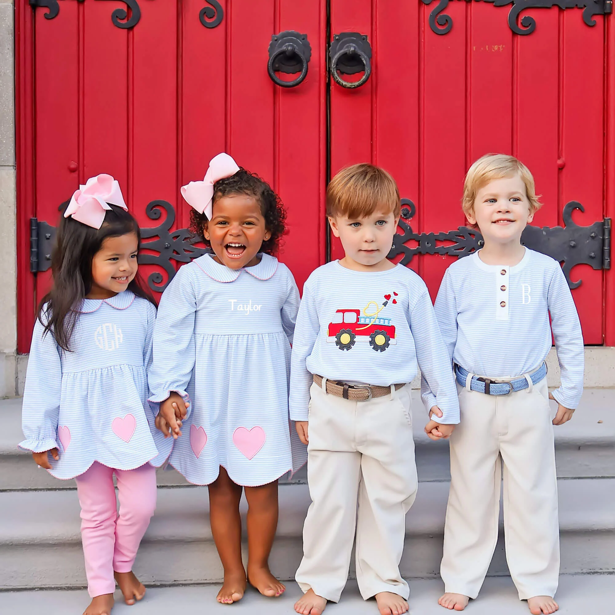 Heart Firetruck Light Blue Stripe Long Sleeve Shirt - Image 4