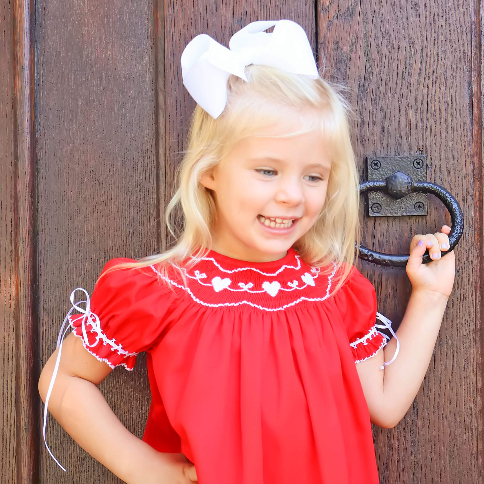 Heart Smocked Red Pique Bishop Dress - Image 3