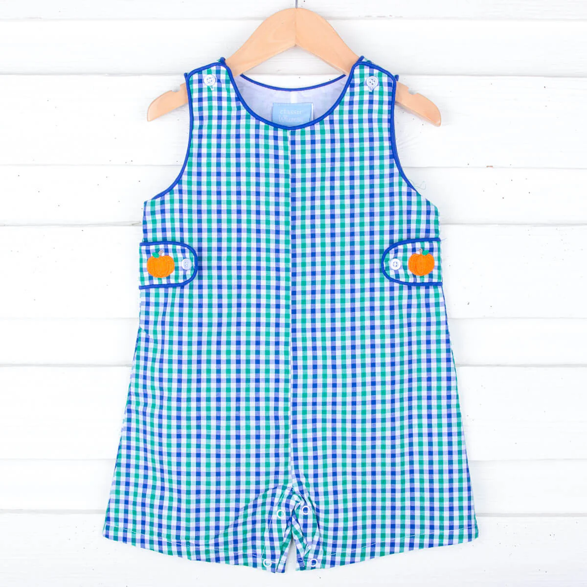 Hello Pumpkin Embroidered Blue & Green Gingham Jon Jon - Image 2
