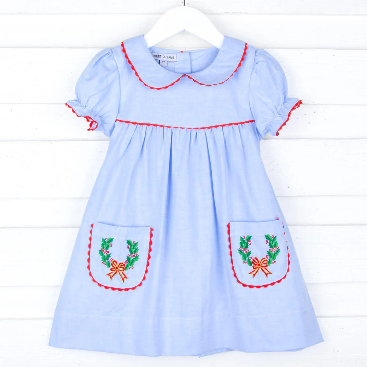 Holiday Wreath Embroidered Blue Dress - Image 3