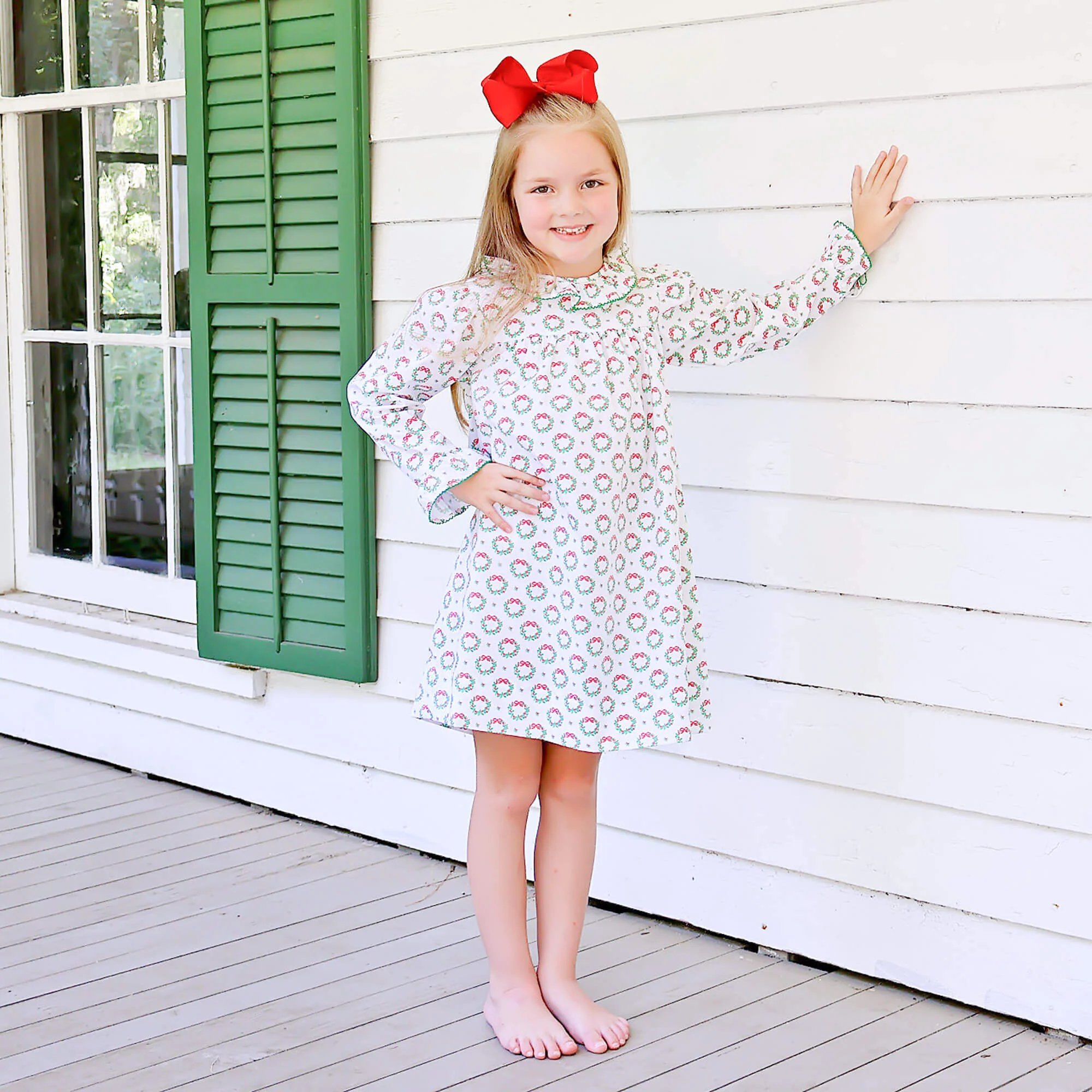 Holiday Wreath White Print Ruffle Collared Dress - Image 2