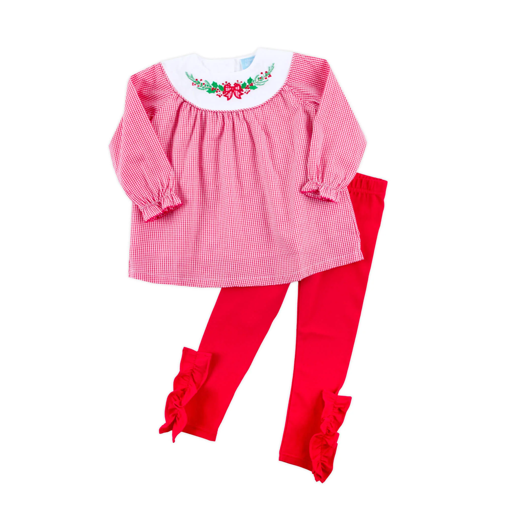 Holly Embroidered Red Gingham Yoke Legging Set - Image 2