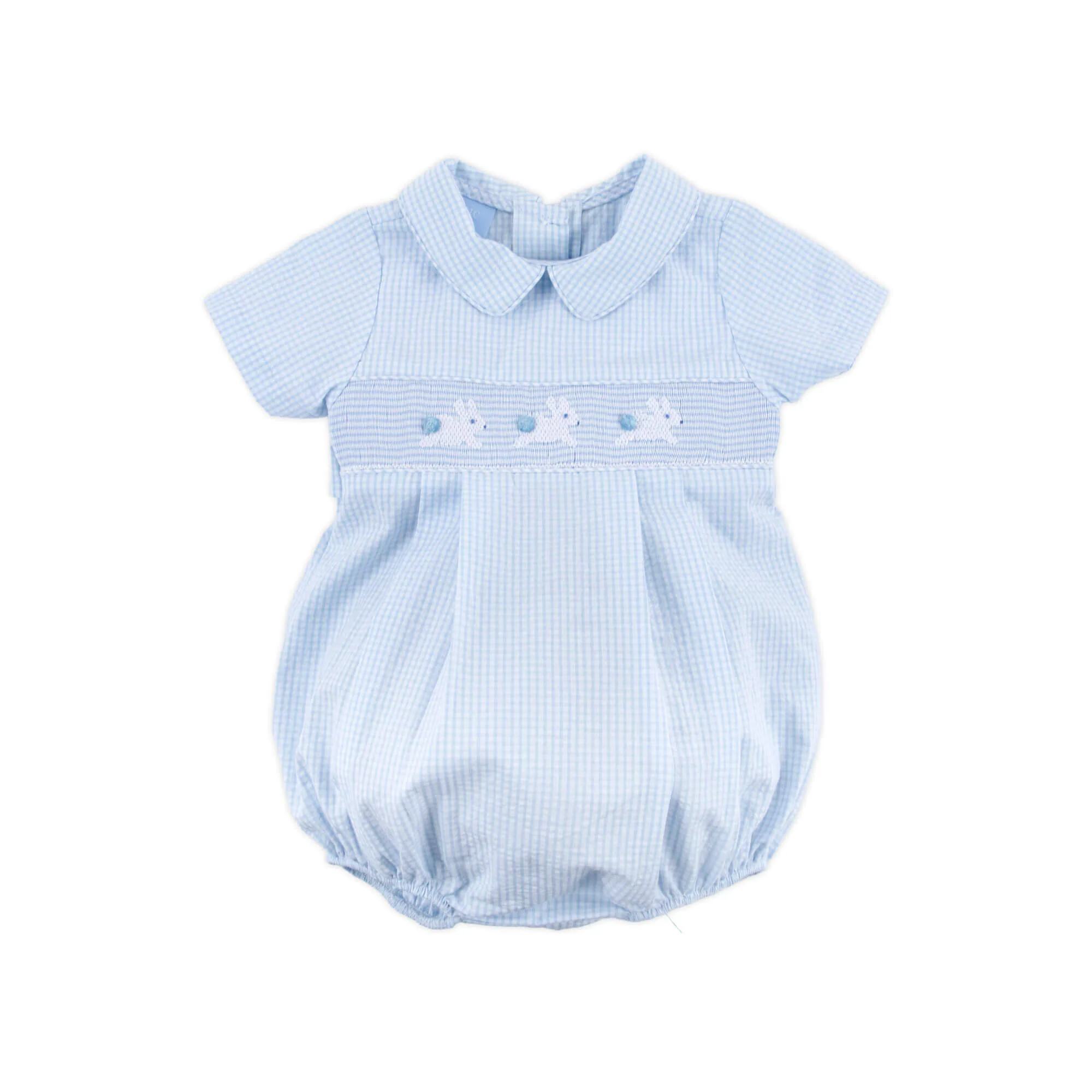 Hop Hop Bunnies Smocked Light Blue Gingham Collared Bubble - Image 2