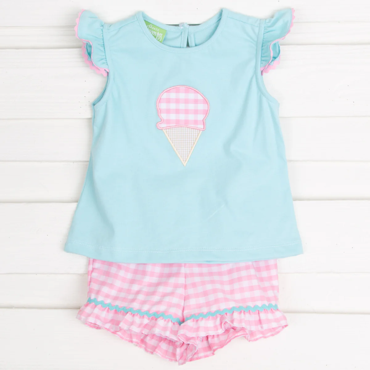 Ice Cream Cone Applique Short Set Aqua and Pink Check - Image 2