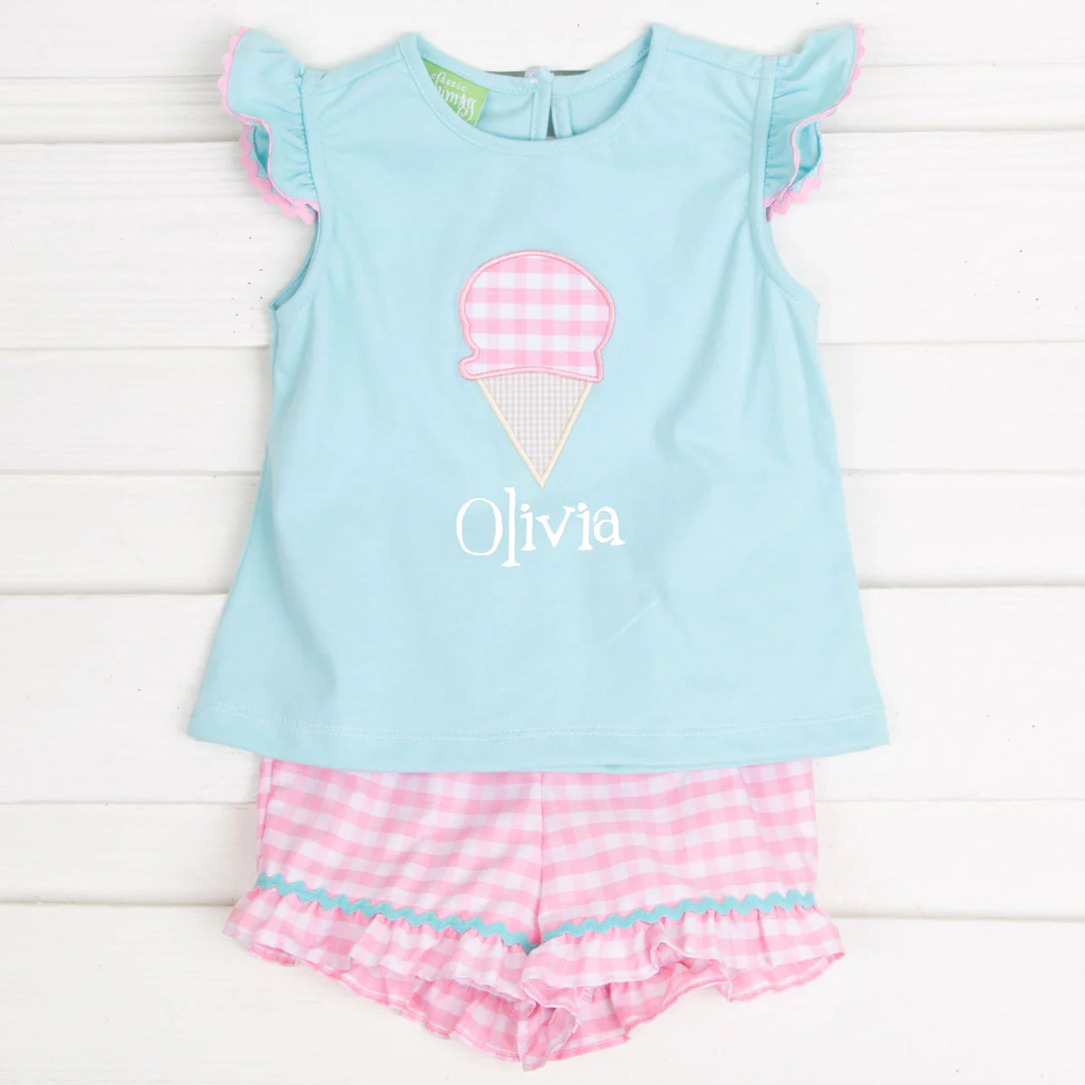 Ice Cream Cone Applique Short Set Aqua and Pink Check - Image 3