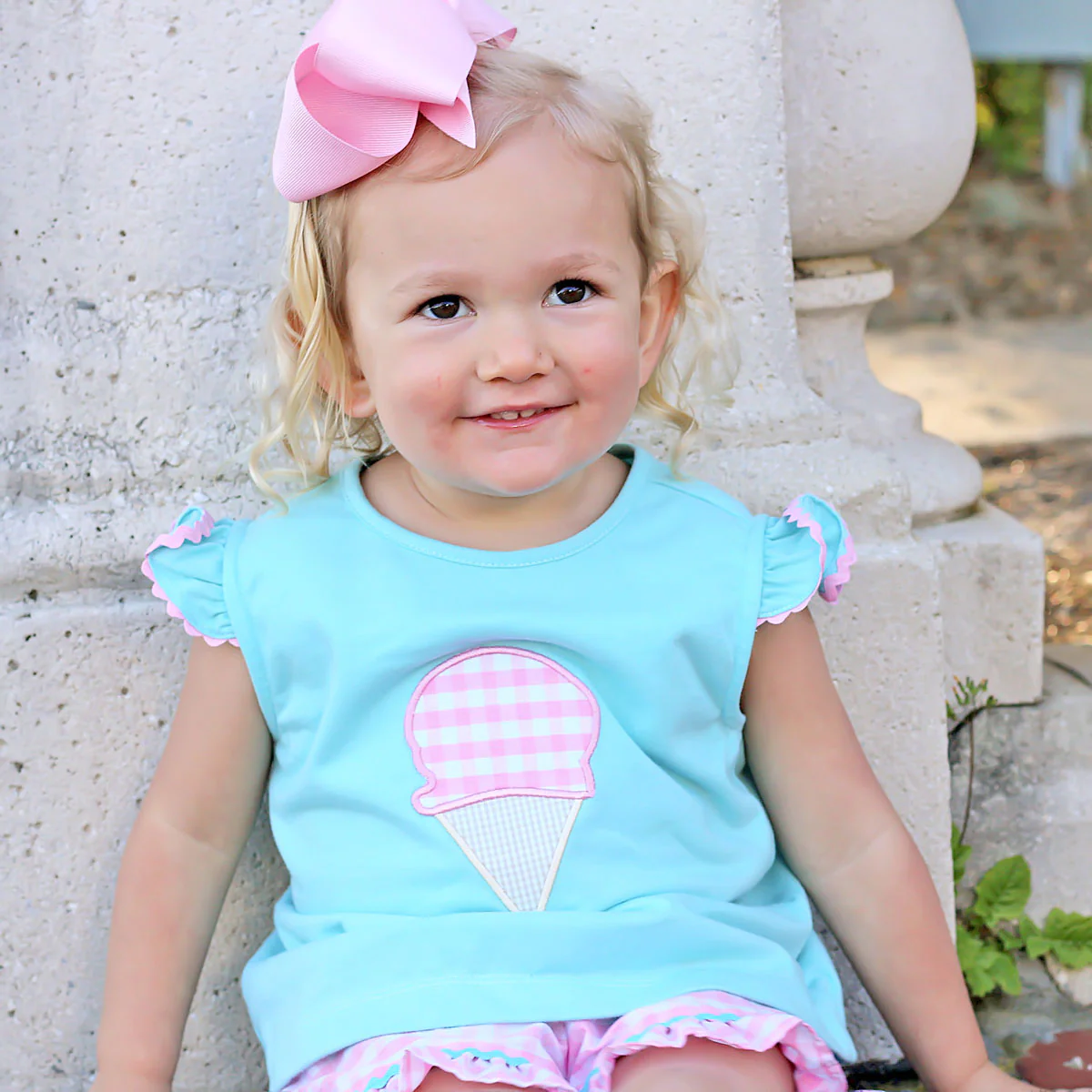 Ice Cream Cone Applique Short Set Aqua and Pink Check - Image 4