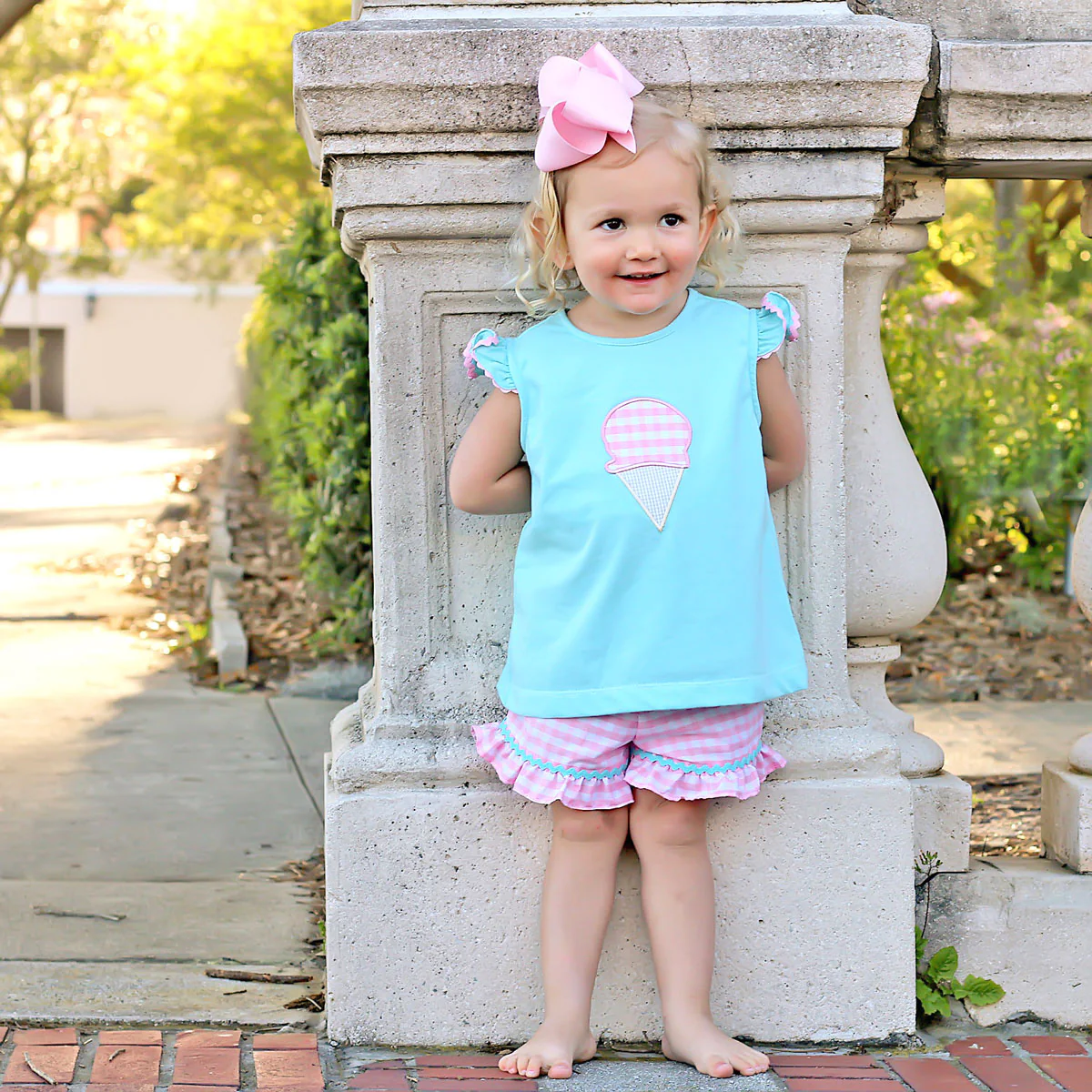Ice Cream Cone Applique Short Set Aqua and Pink Check - Image 5