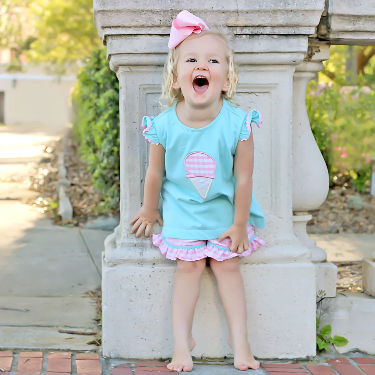 Ice Cream Cone Applique Short Set Aqua and Pink Check - Image 6