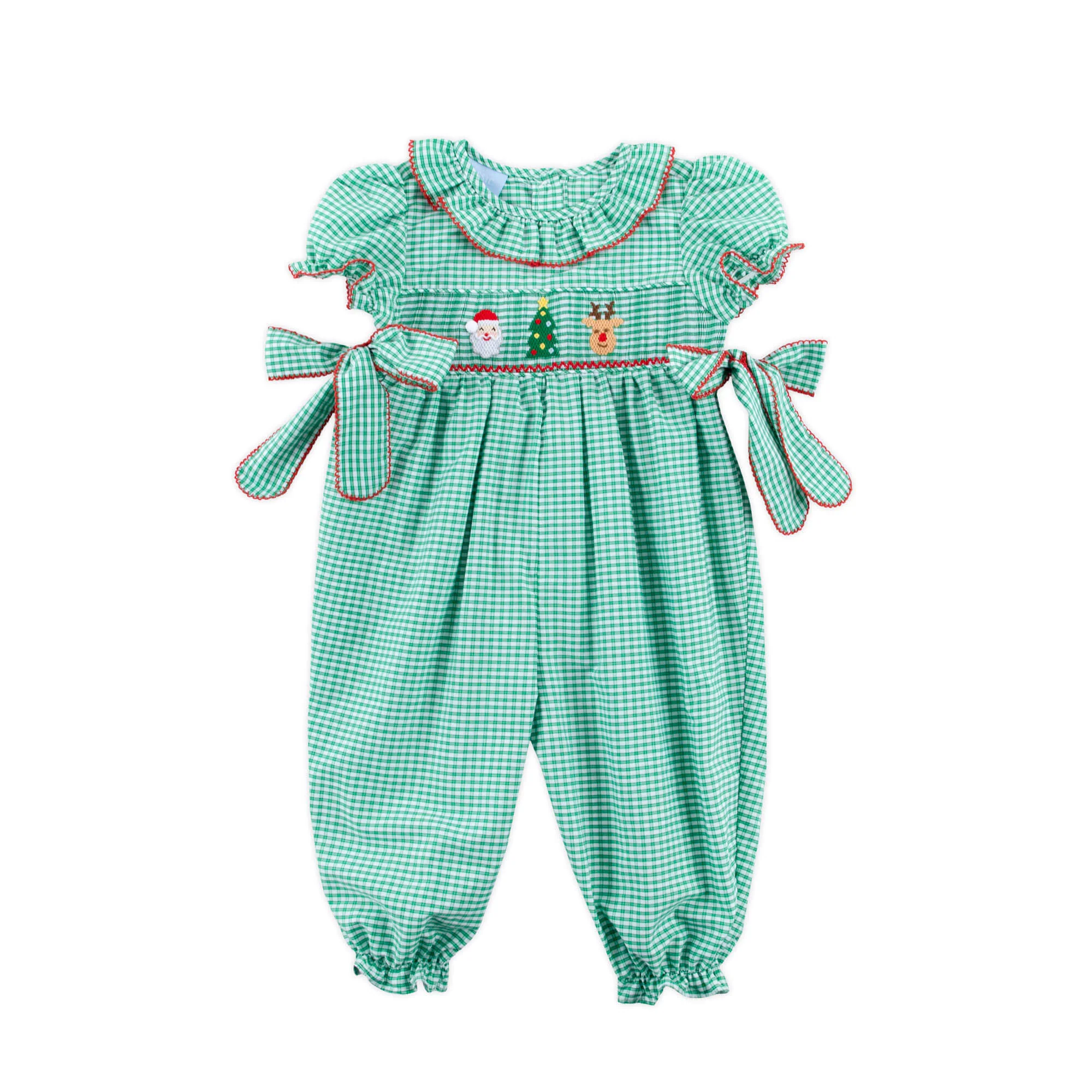 Jolly Christmas Smocked Green Windowpane Beverly Long Bubble - Image 2