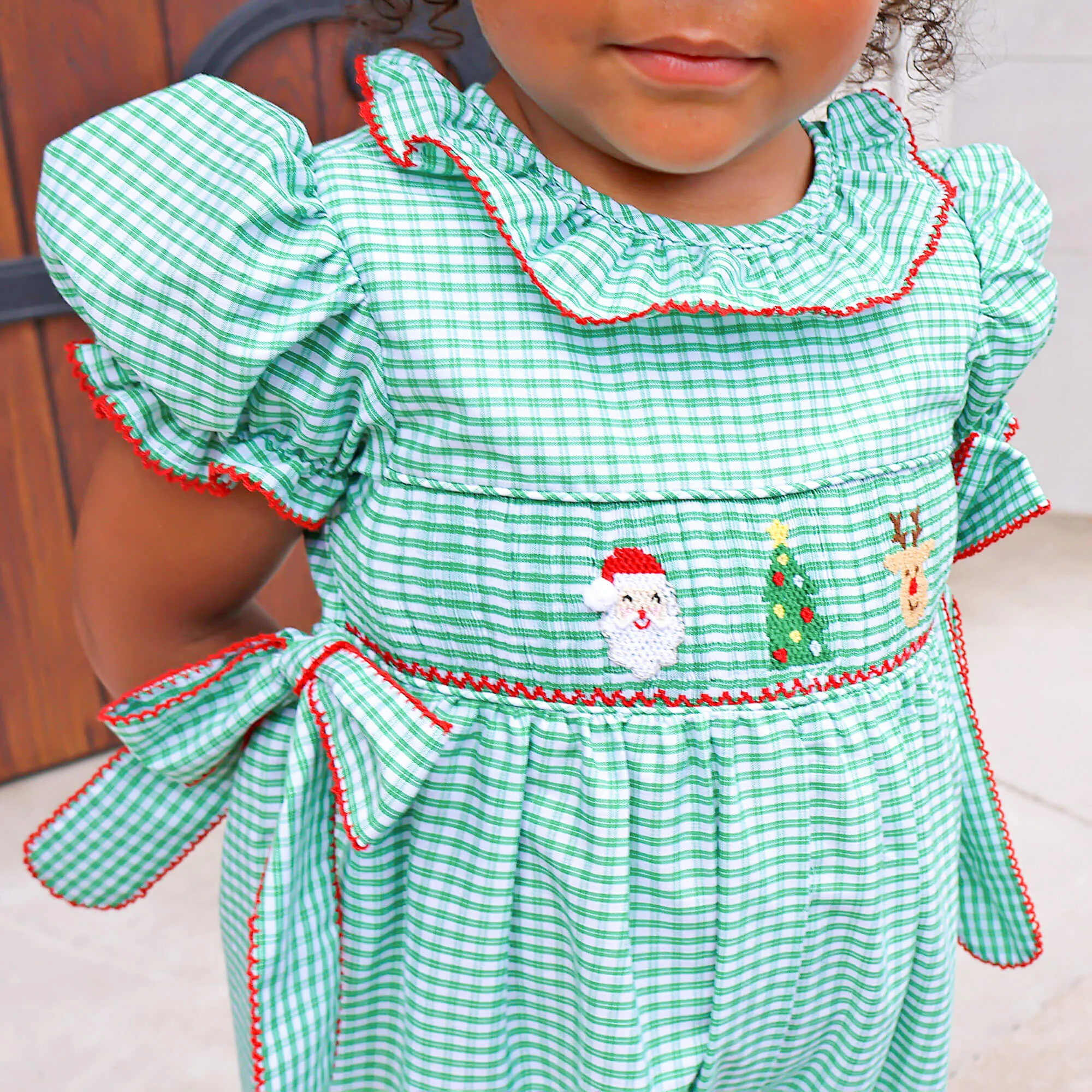 Jolly Christmas Smocked Green Windowpane Beverly Long Bubble - Image 3
