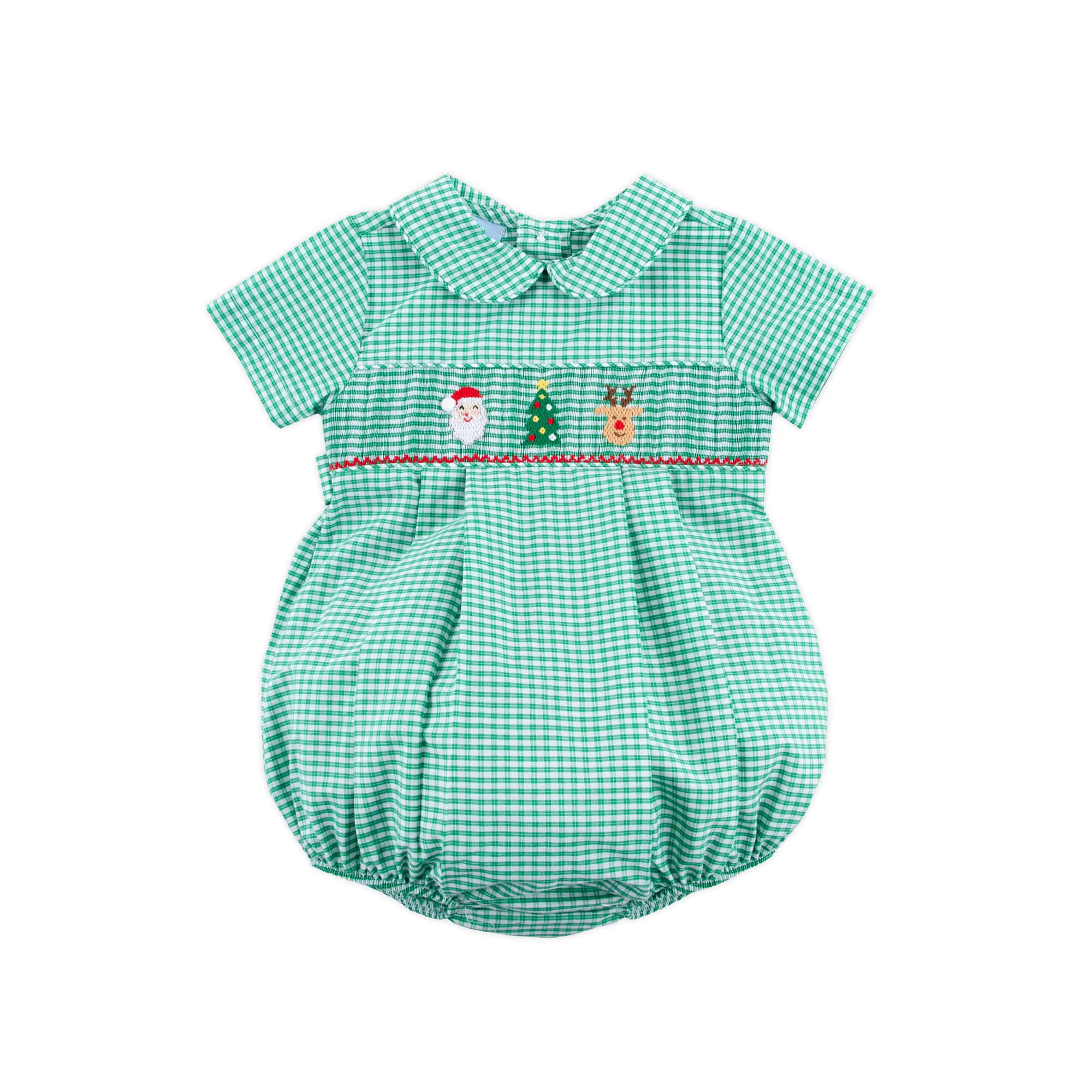 Jolly Christmas Smocked Green Windowpane Collared Bubble - Image 2