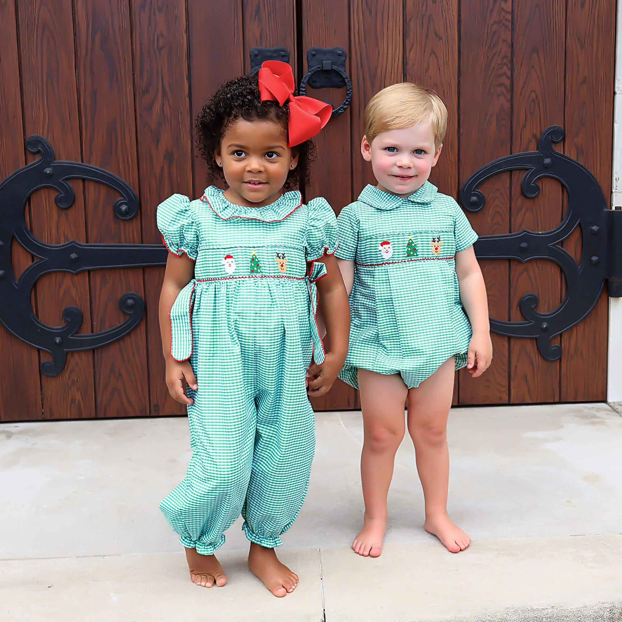Jolly Christmas Smocked Green Windowpane Collared Bubble - Image 3