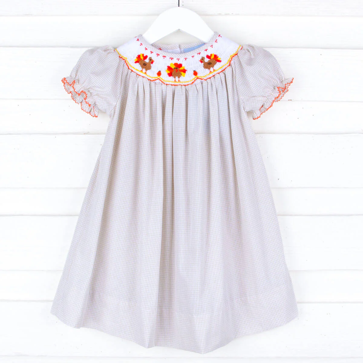 Smocked Turkey Khaki Gingham Bishop Dress - Image 3