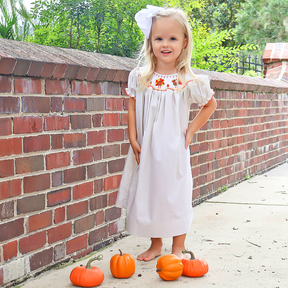Smocked Turkey Khaki Gingham Bishop Dress - Image 4