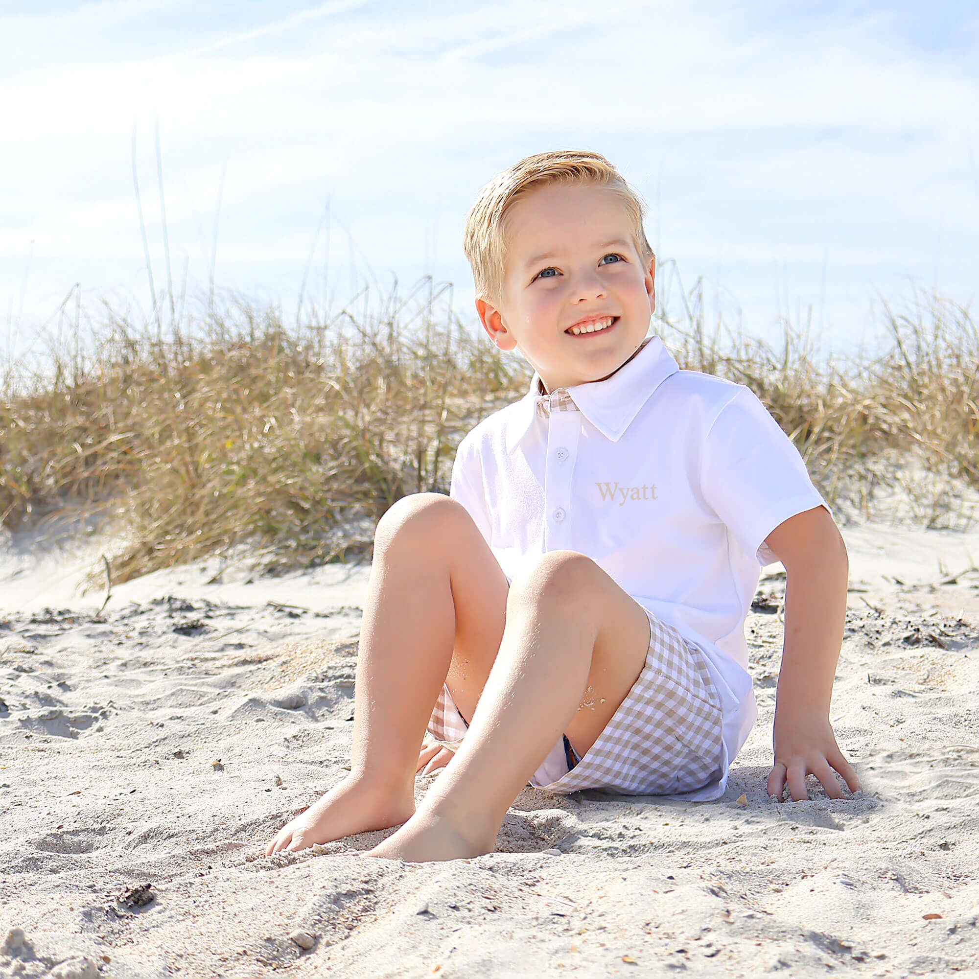 Khaki Gingham Boy Polo Short Set - Image 3