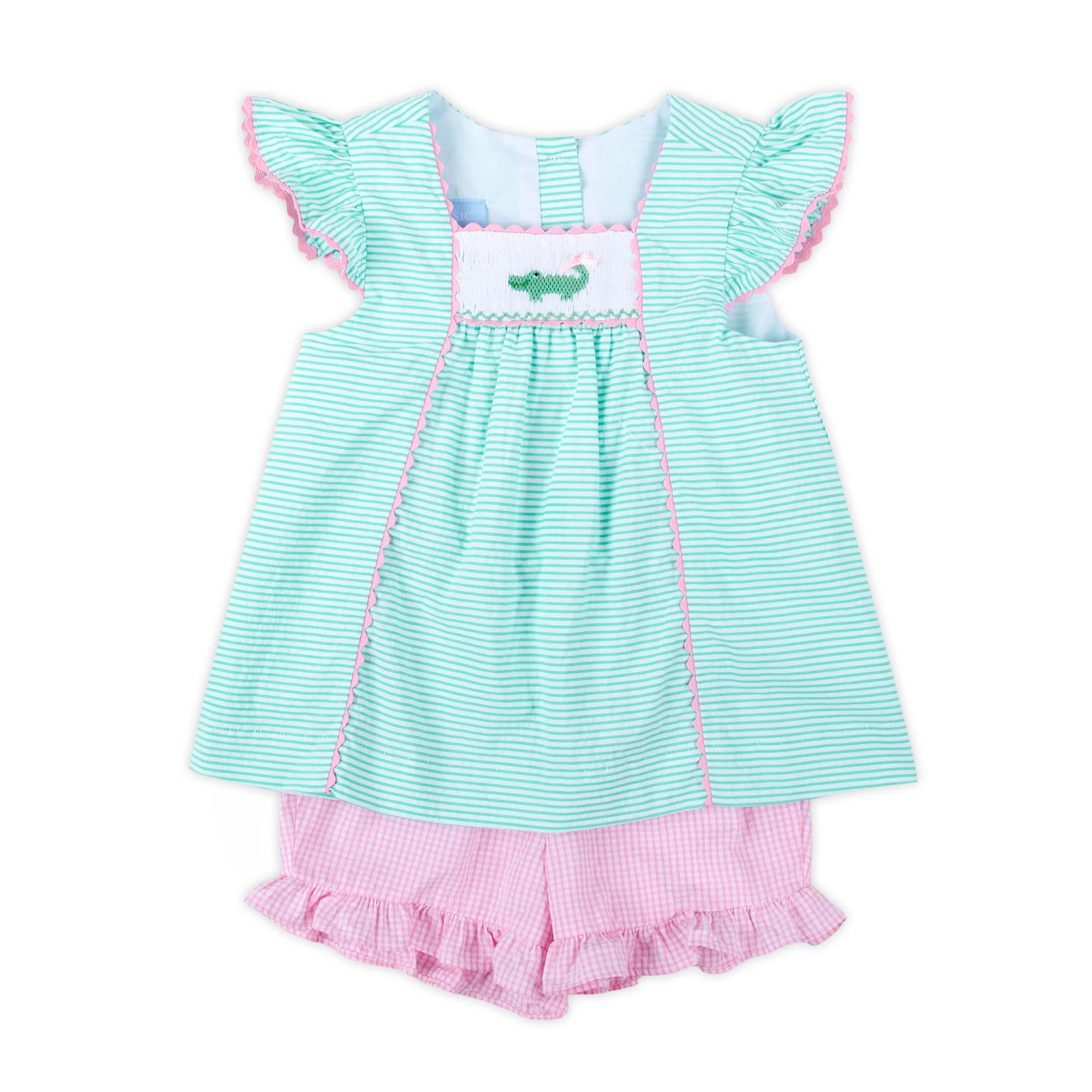 Green Seersucker Alligator Smocked Short Set - Image 2