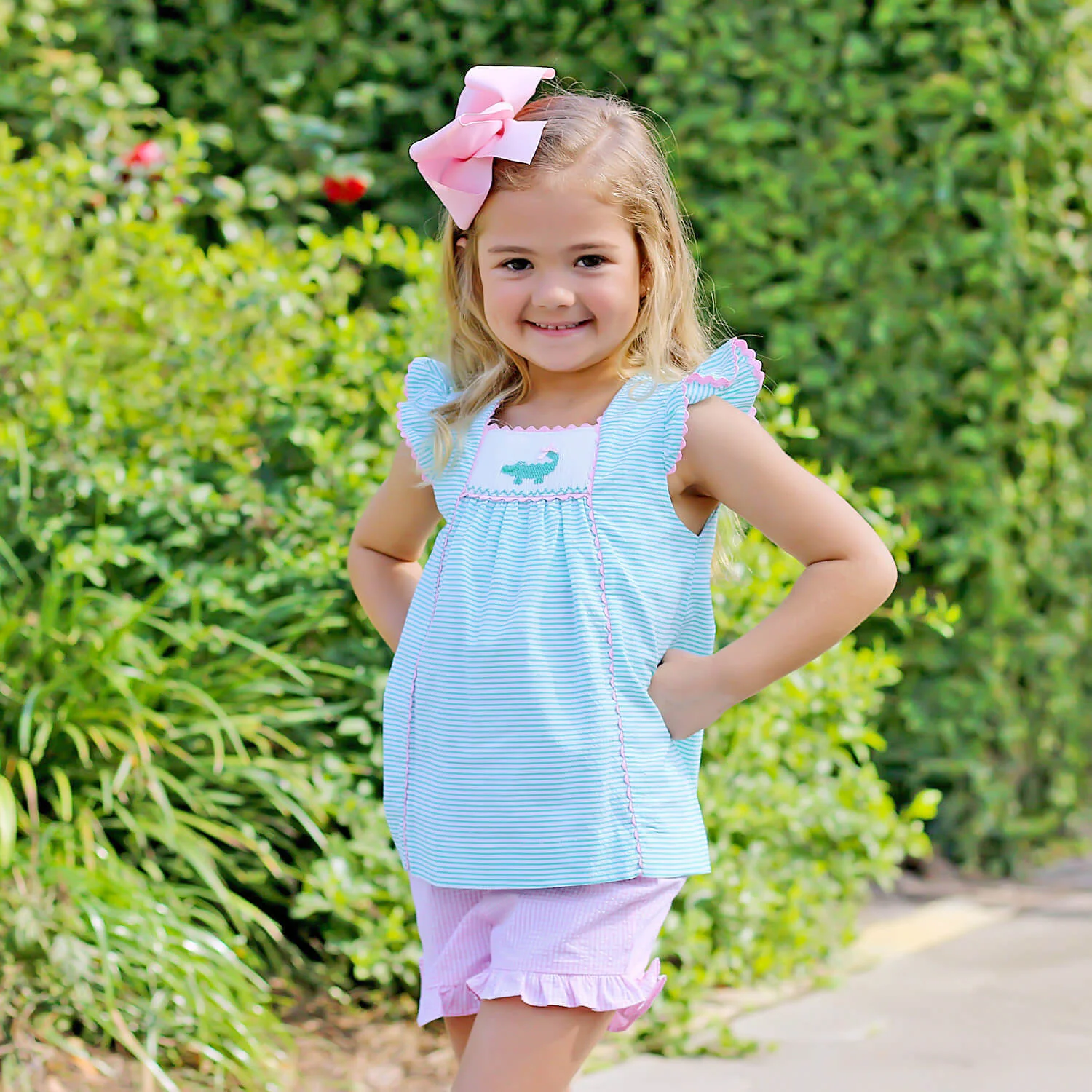 Green Seersucker Alligator Smocked Short Set - Image 6