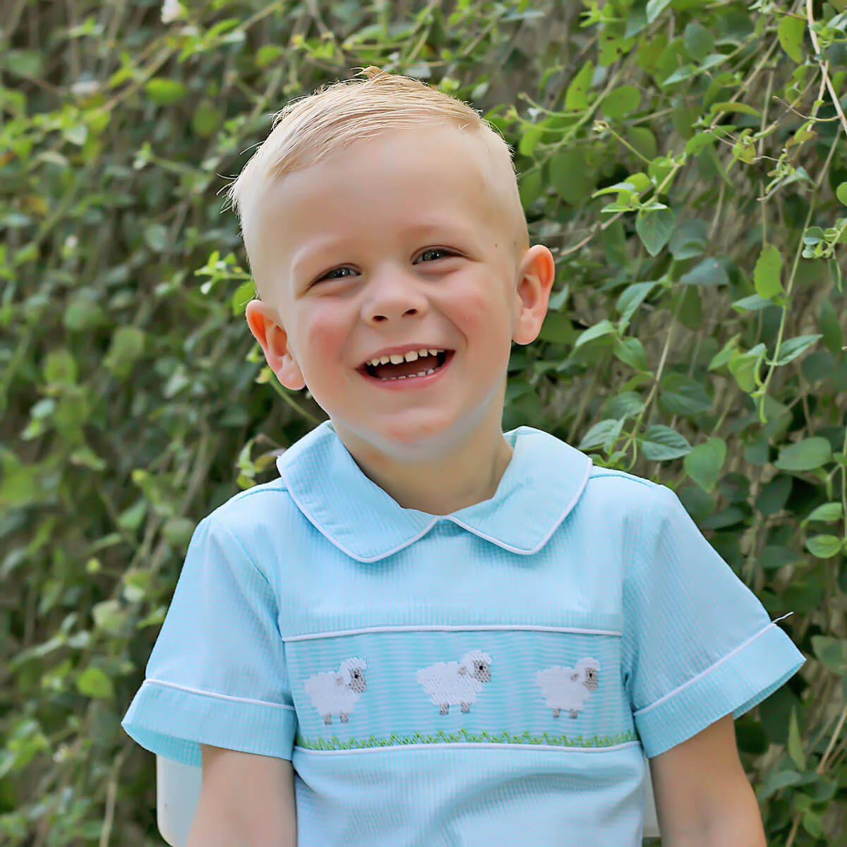 Baby Lamb Mint Smocked Collared Short Set - Image 2
