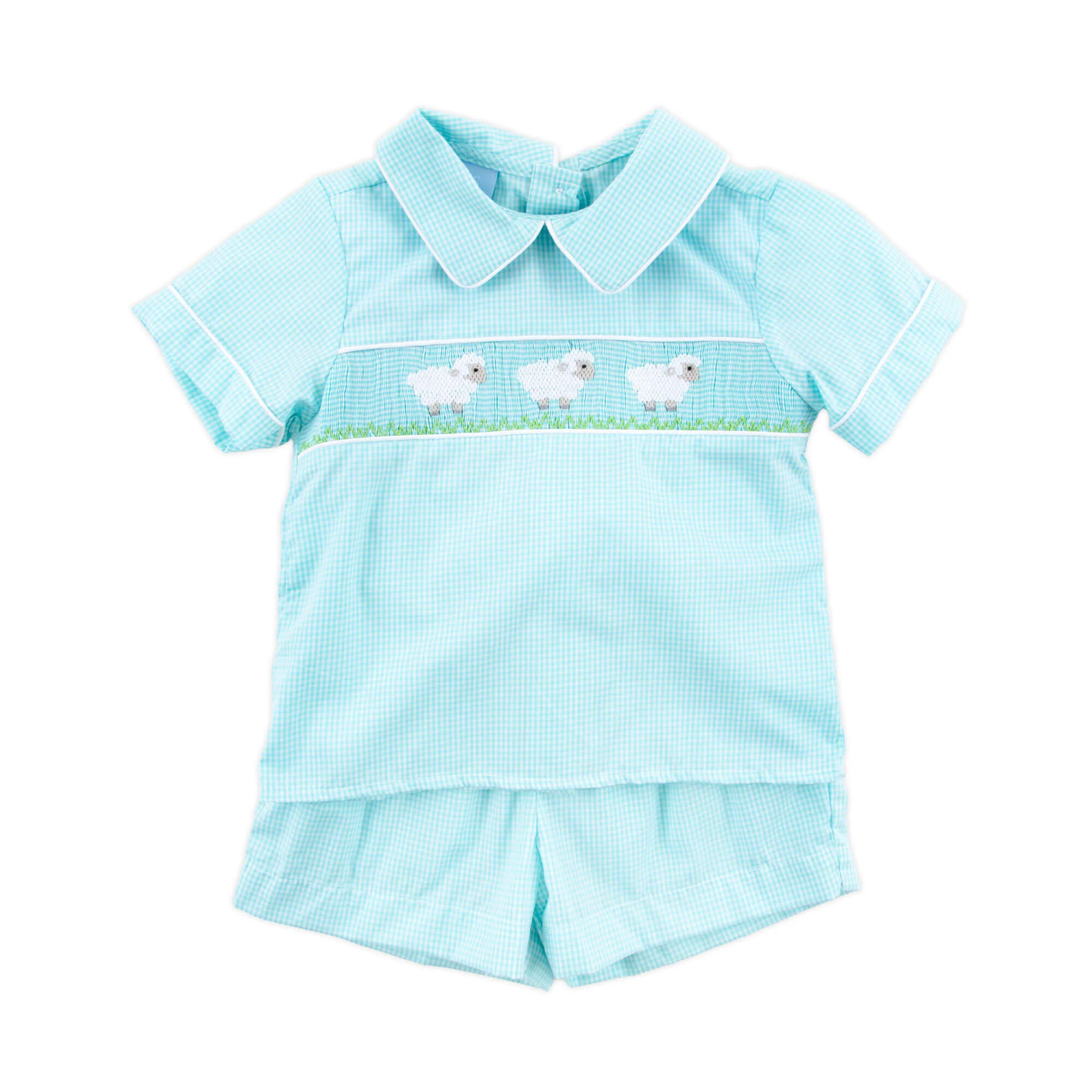 Baby Lamb Mint Smocked Collared Short Set - Image 3