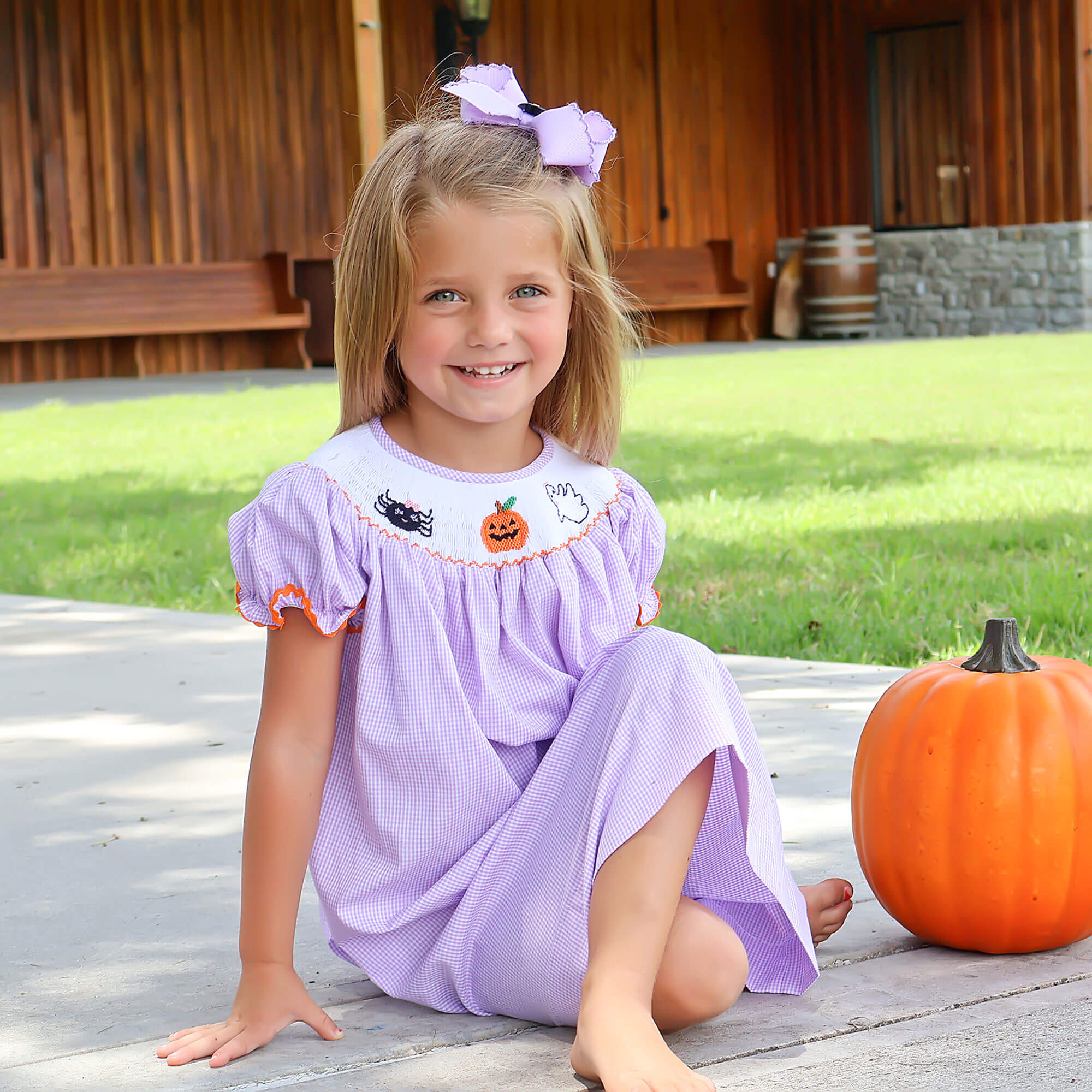Halloween Smocked Lavender Gingham Dress - Image 4