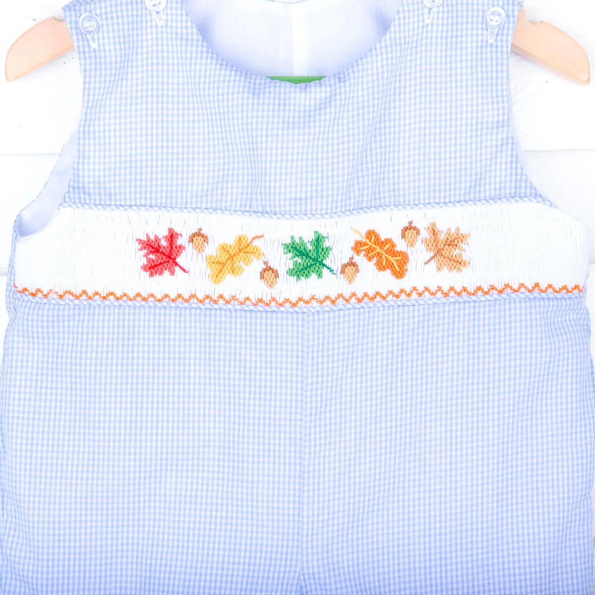 Leaves And Acorn Smocked Light Blue Gingham Longall - Image 2