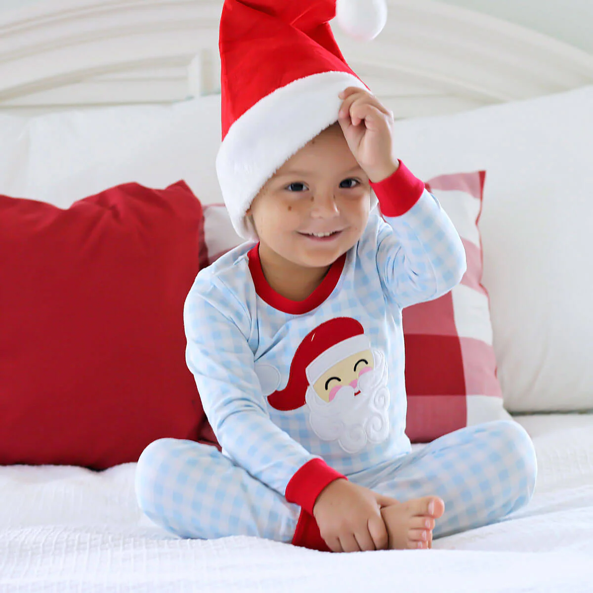 Happy Santa Blue Gingham Pajamas - Image 3