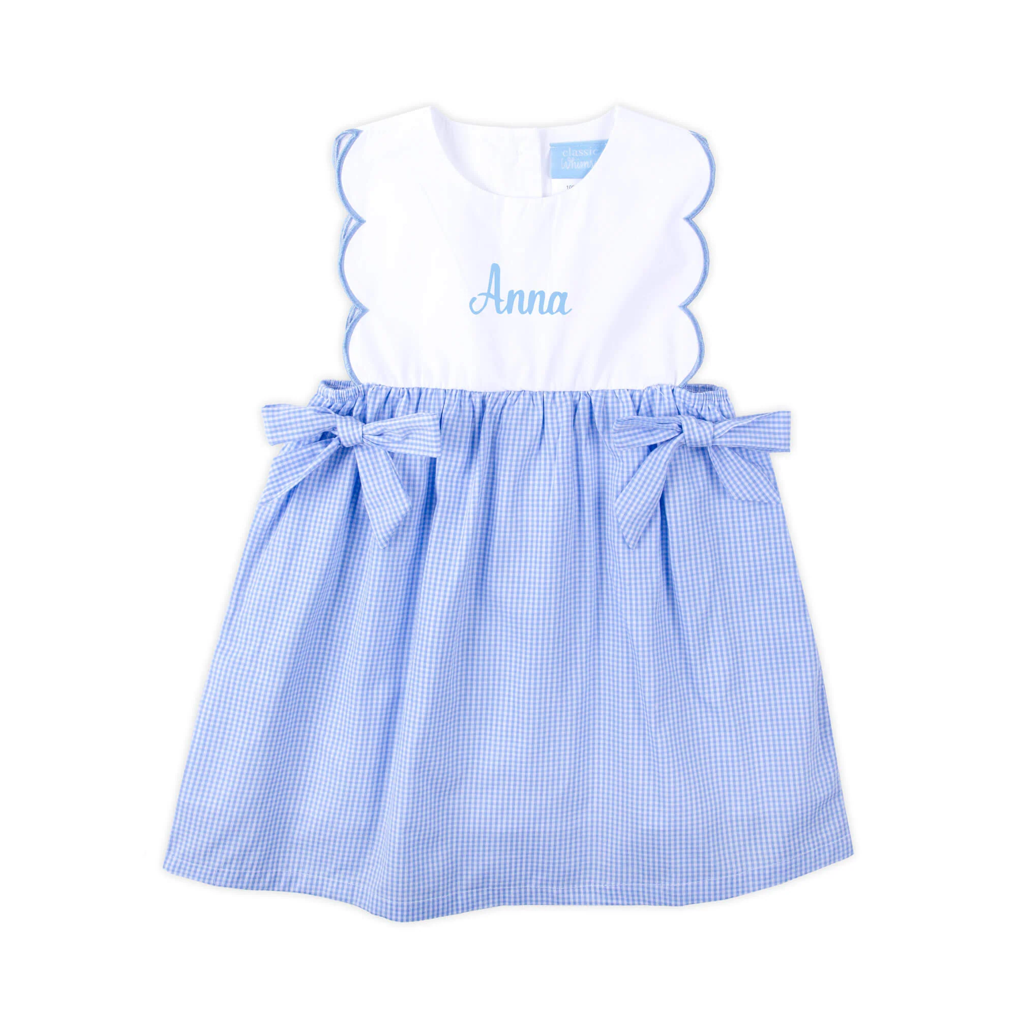 Light Blue Gingham Scalloped Bib Dress - Image 2