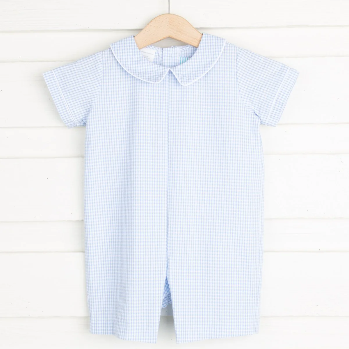 Light Blue Gingham Seersucker Collared Boy Romper - Image 2