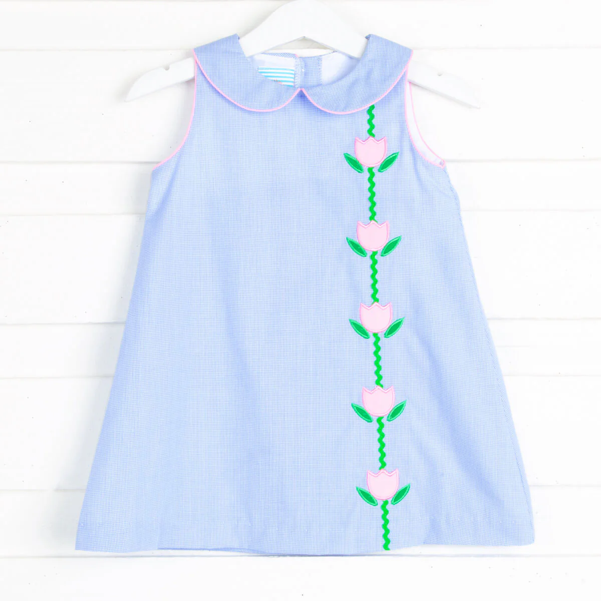 Light Blue Gingham Tulip Applique Collared Dress - Image 2