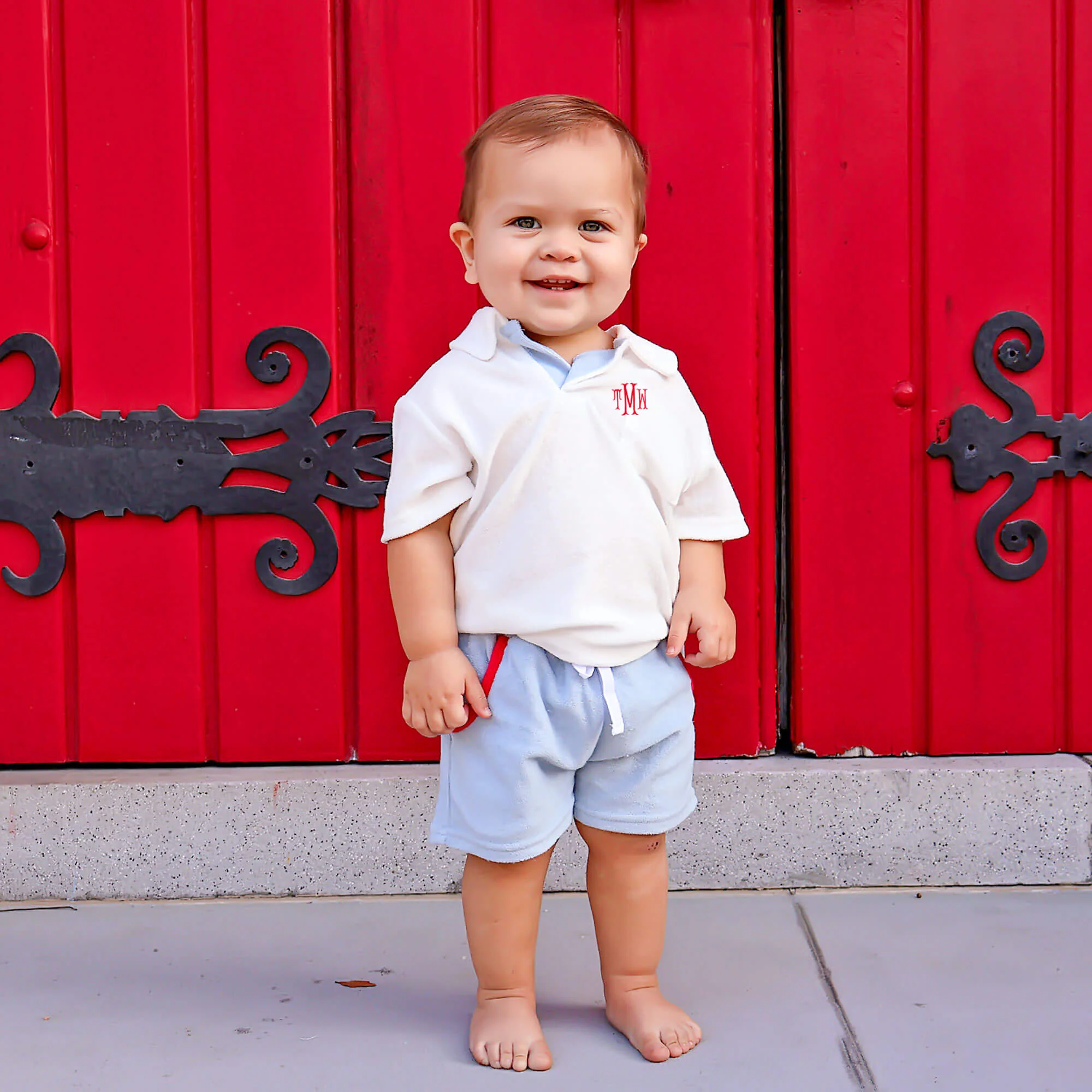 Light Blue & Red Terry Polo Short Set - Image 2