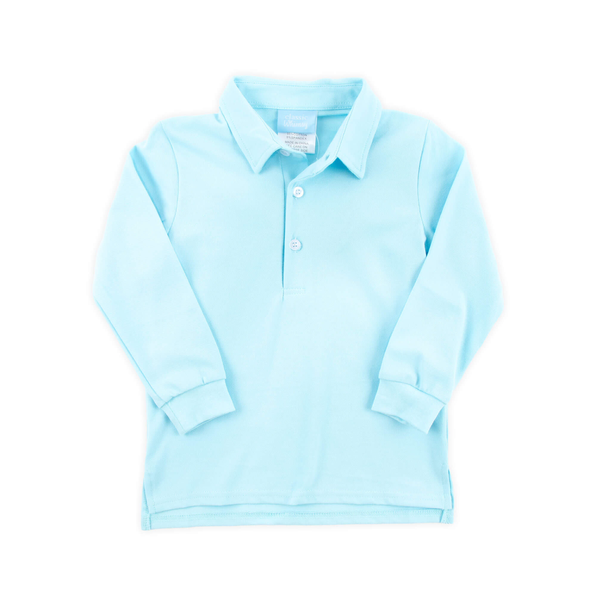 Light Blue Solid Long Sleeve Pique Polo Shirt - Image 3
