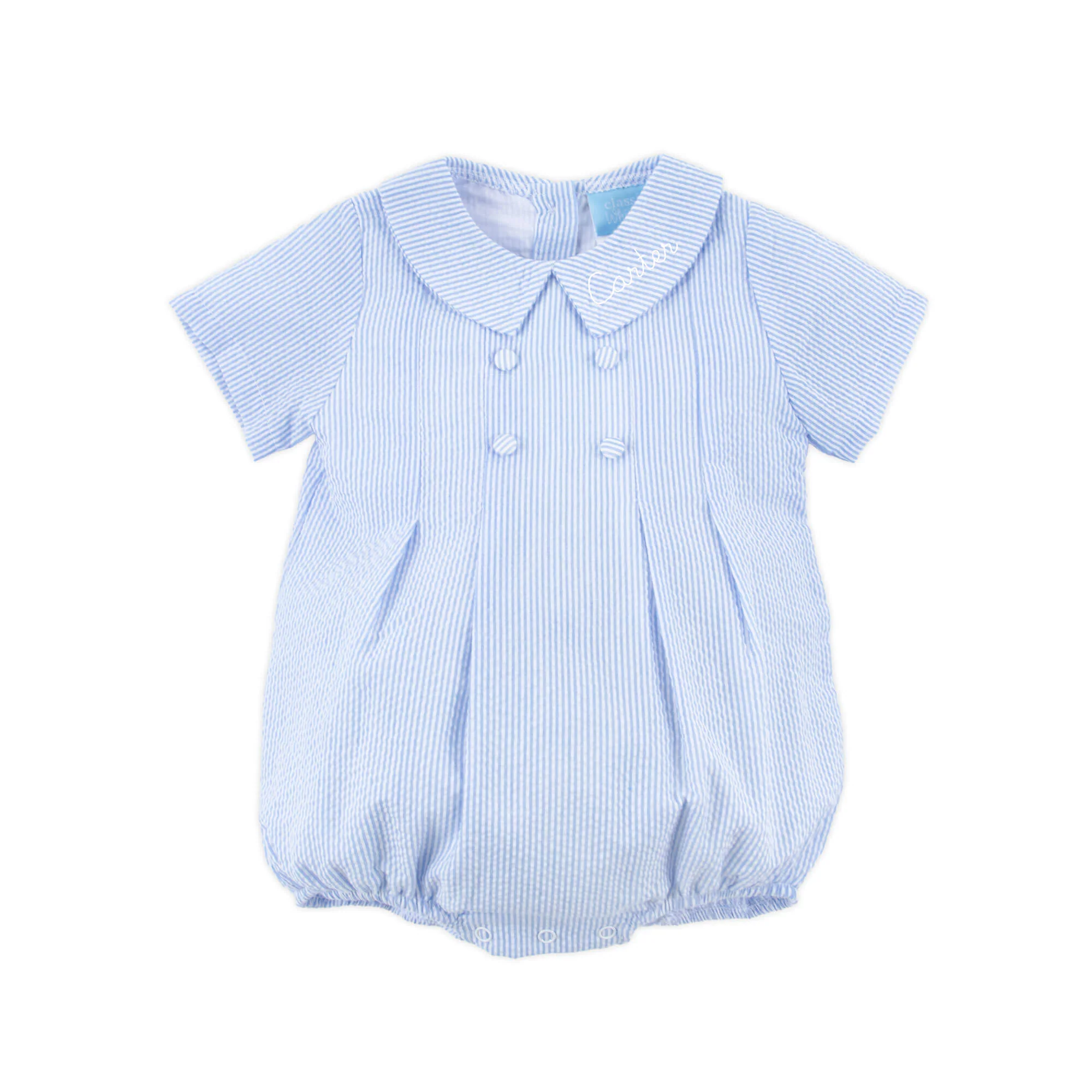 French Blue Stripe Seersucker Collared Button Bubble - Image 2