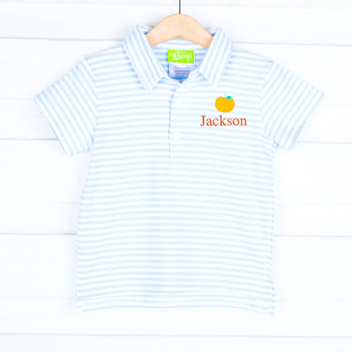 Pumpkin Embroidered Baby Blue Stripe Polo - Image 2
