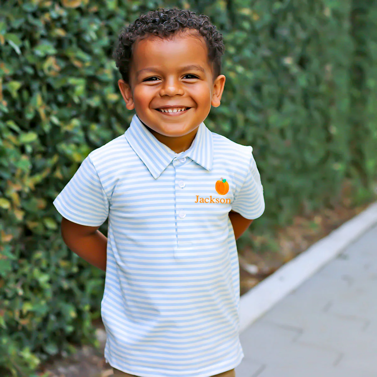 Pumpkin Embroidered Baby Blue Stripe Polo - Image 3