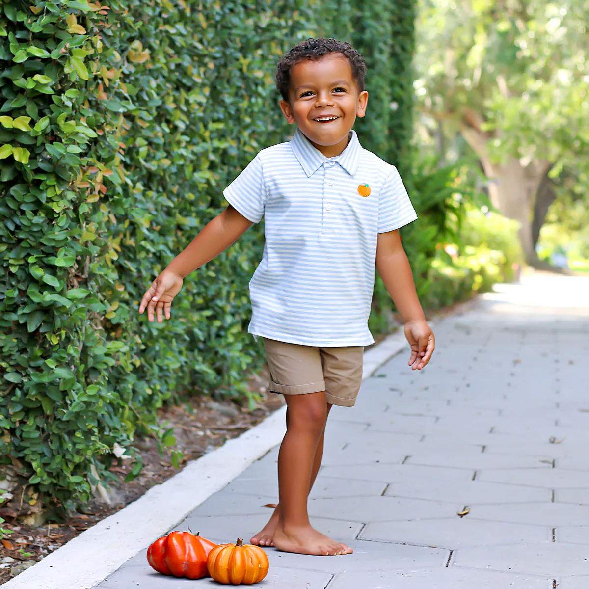 Pumpkin Embroidered Baby Blue Stripe Polo - Image 5