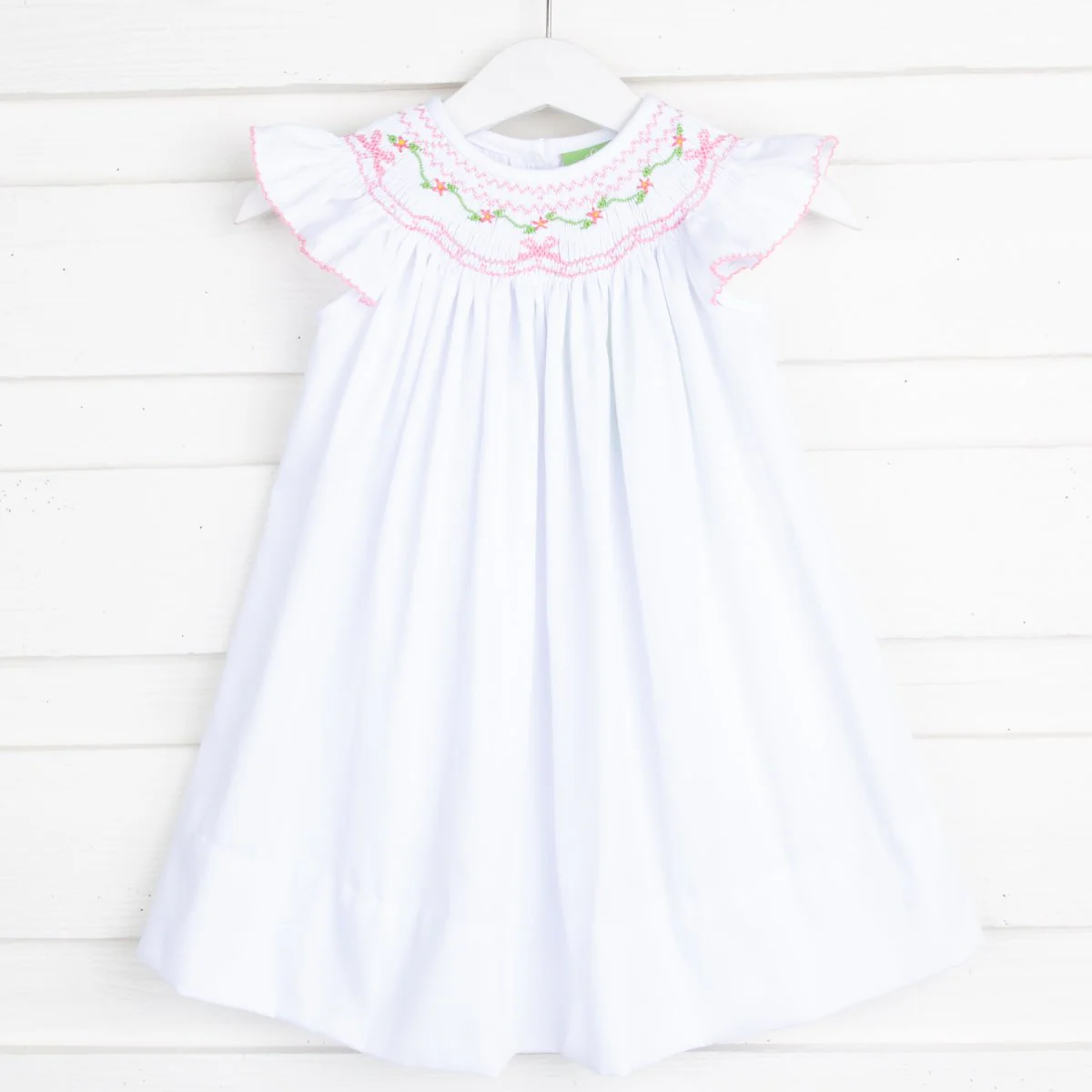 Light Pink Geometric Smocked Dress White Pique